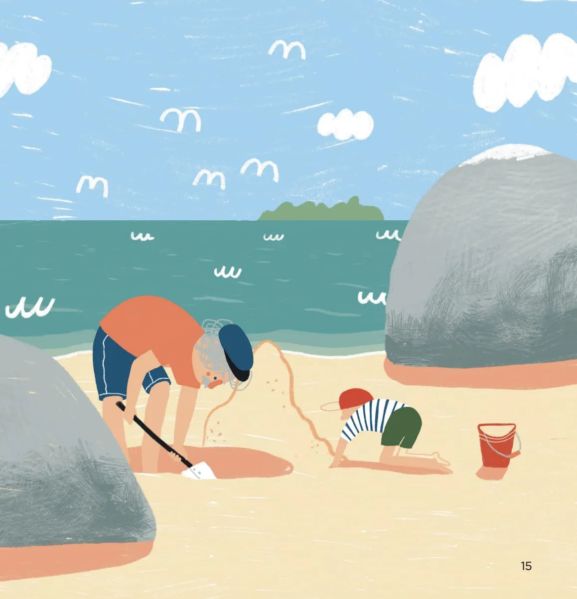 A man digs with a spade while a boy crawls scooping sand, grey boulders and green sea behind them