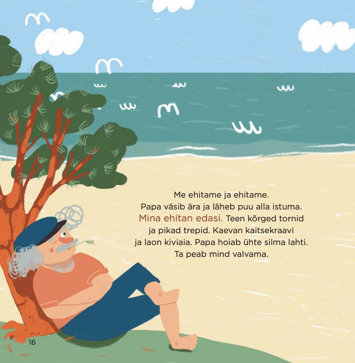 Grey-haired man in a blue cap rests against a pine on the grass, chewing a stalk, calm sea behind him