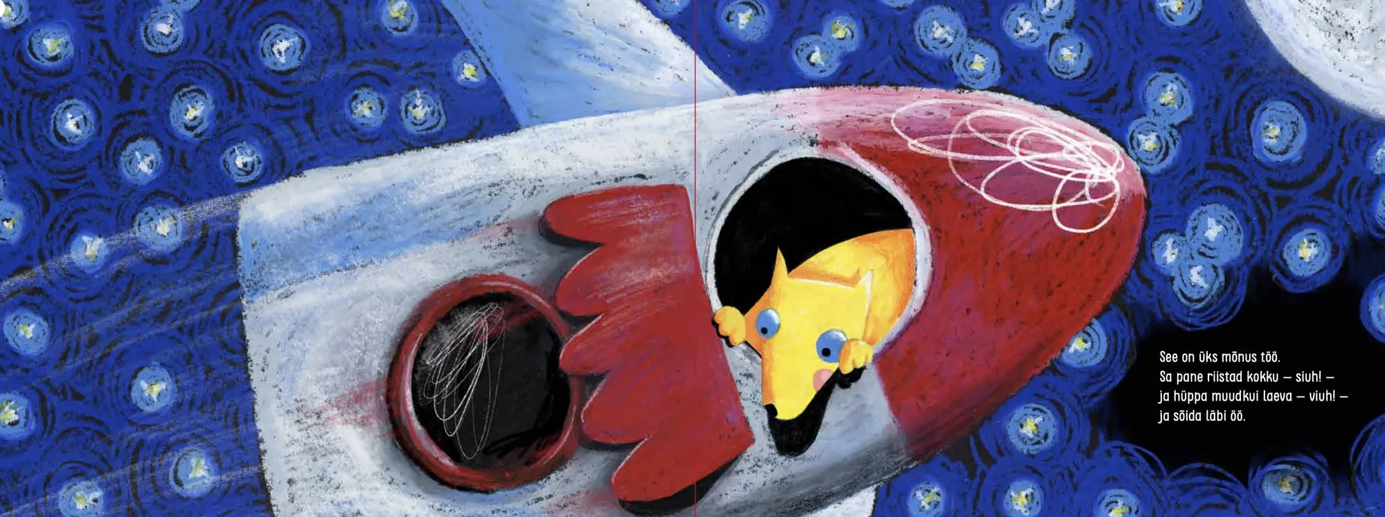 A yellow dog peers out of the hatch of a red rocket streaking through blue starry space