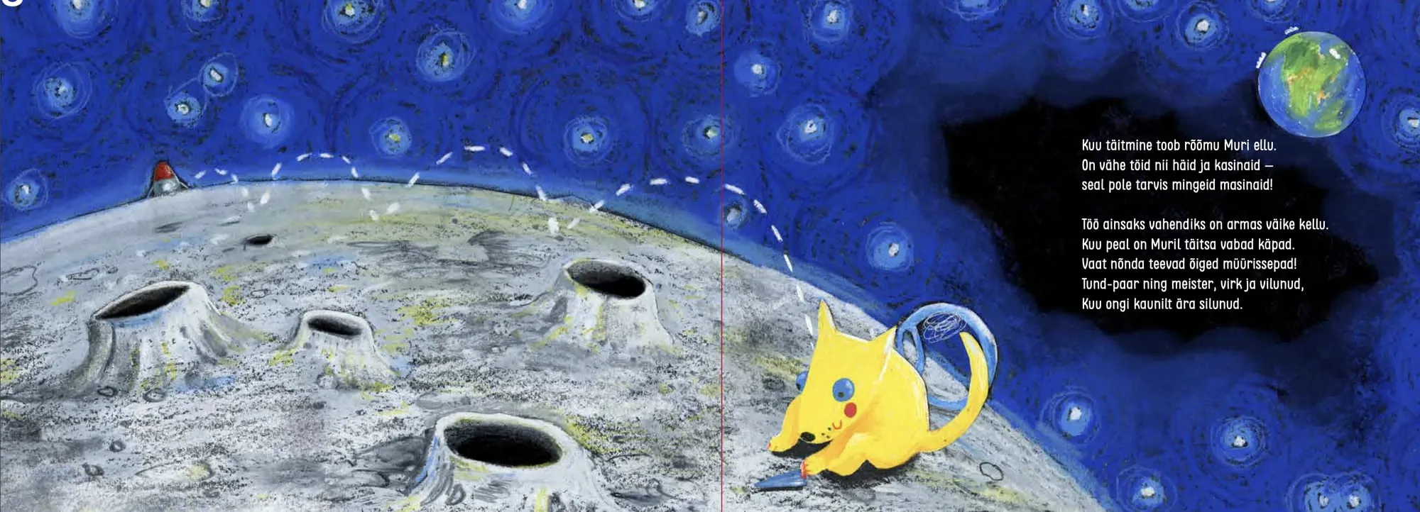 A yellow dog smooths the moon's crater cones with a small trowel, Earth a blue speck in the distance