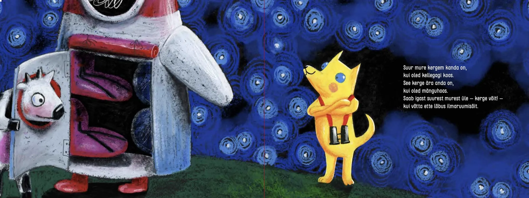A yellow dog with binoculars stands on green grass beside a rocket, a cow waiting at its open hatch