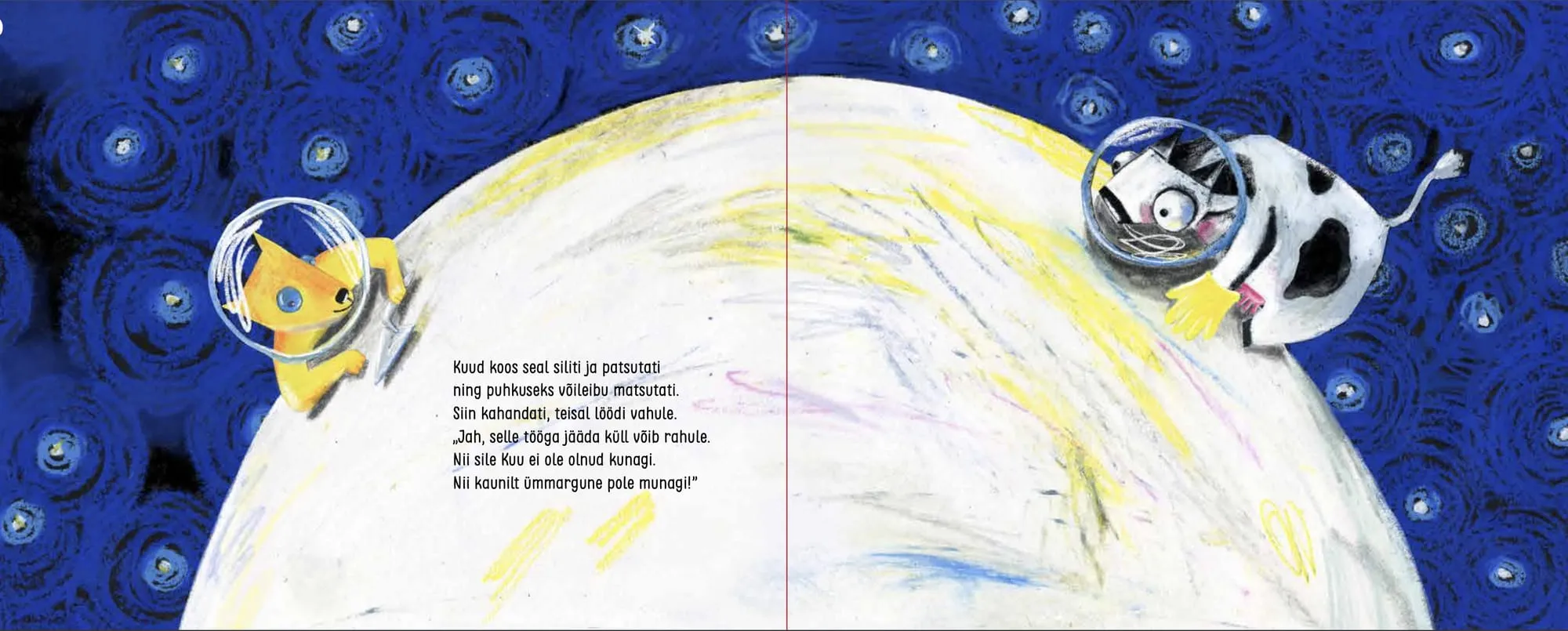 A yellow dog and a black-and-white cow in bubble space helmets rest on the moon's white curve