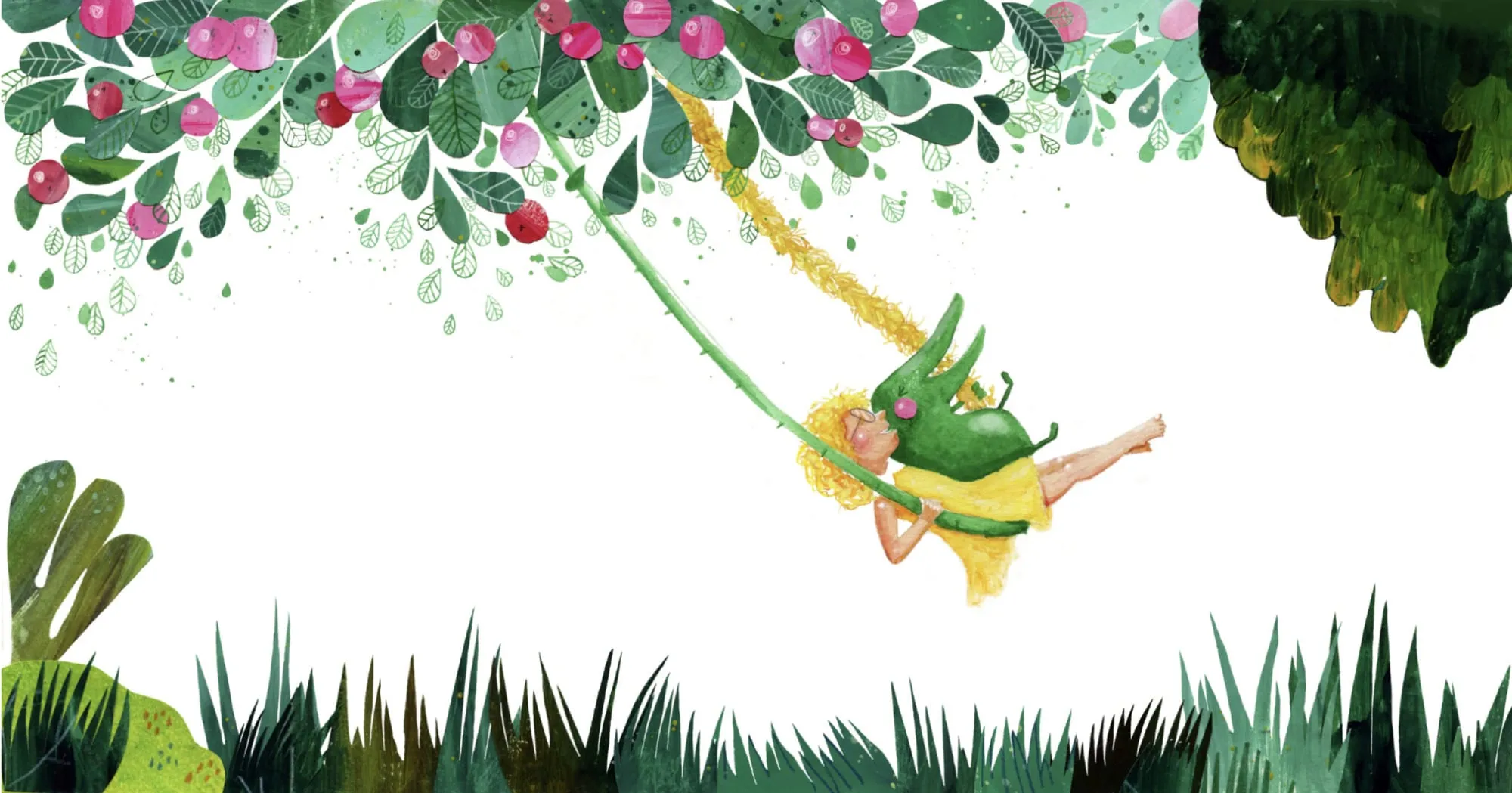 A barefoot girl in a yellow dress swings on a vine with a small green crocodile, under berry-laden branches