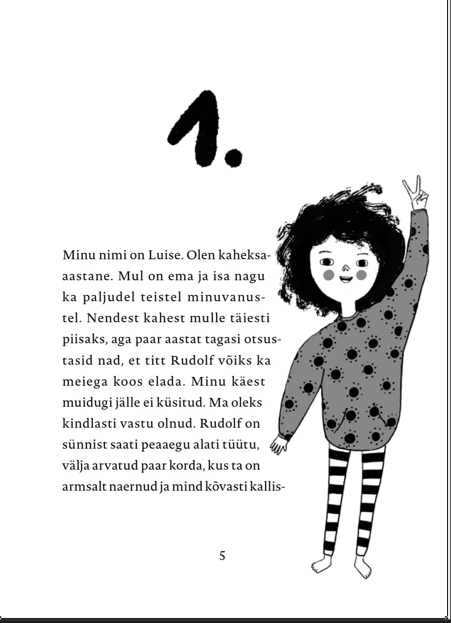 Chapter opening: grinning girl with huge black curls, spotted jumper and striped leggings, raising a hand in a victory sign