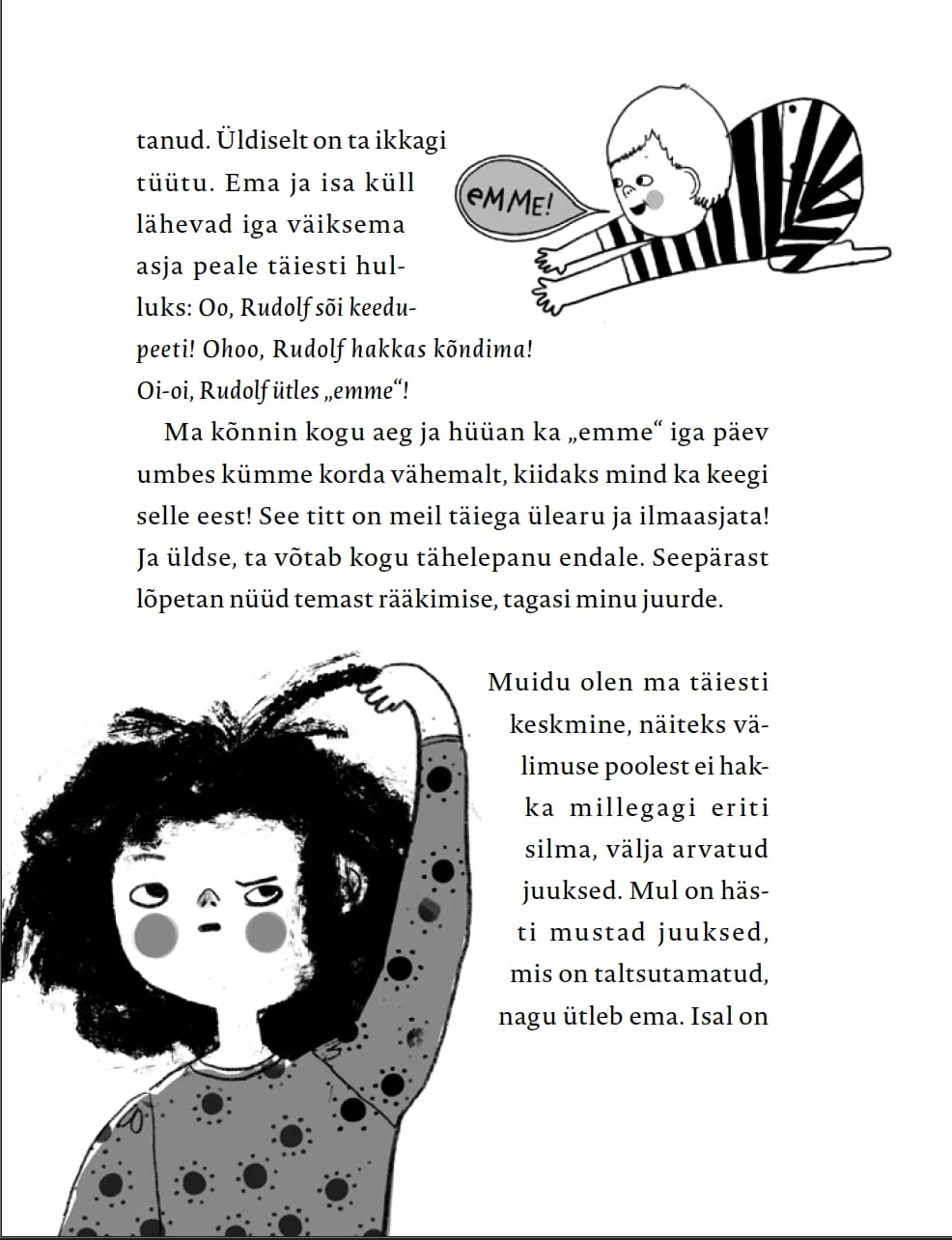 Text page with a striped-clad toddler shouting into a speech bubble and a scowling girl reaching into her huge black hair