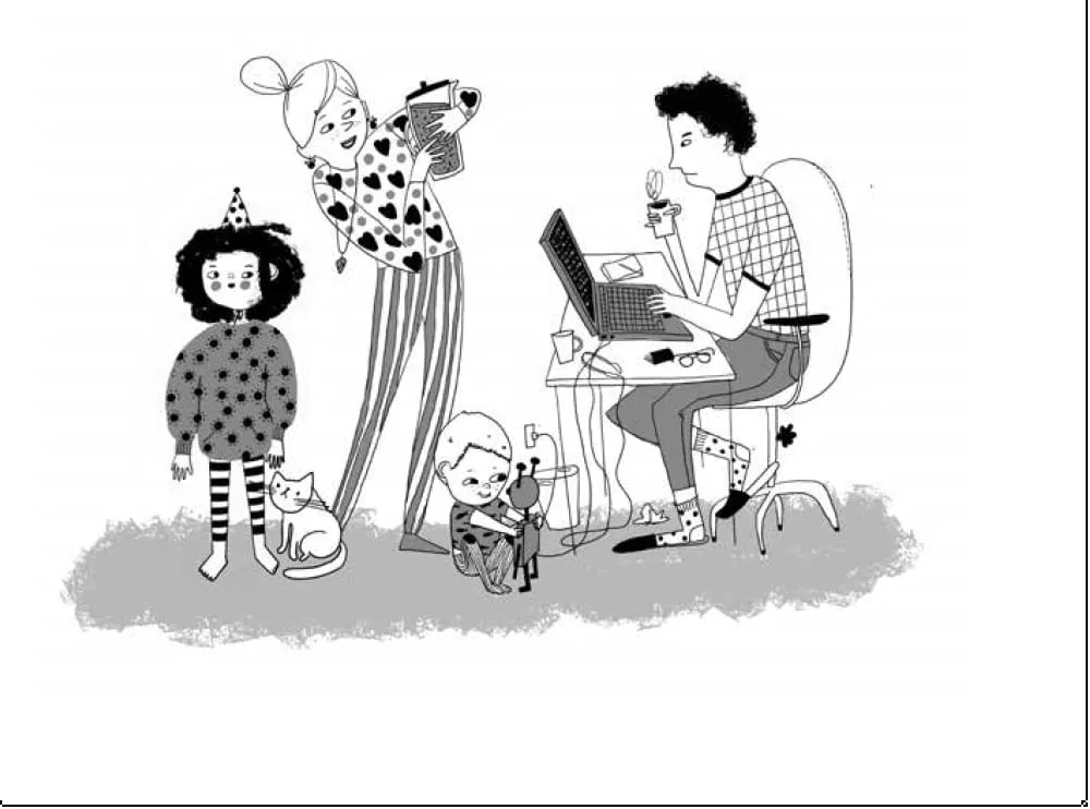 Girl in a spotted jumper beside a white cat, mother with a phone, toddler on the floor, father at a laptop