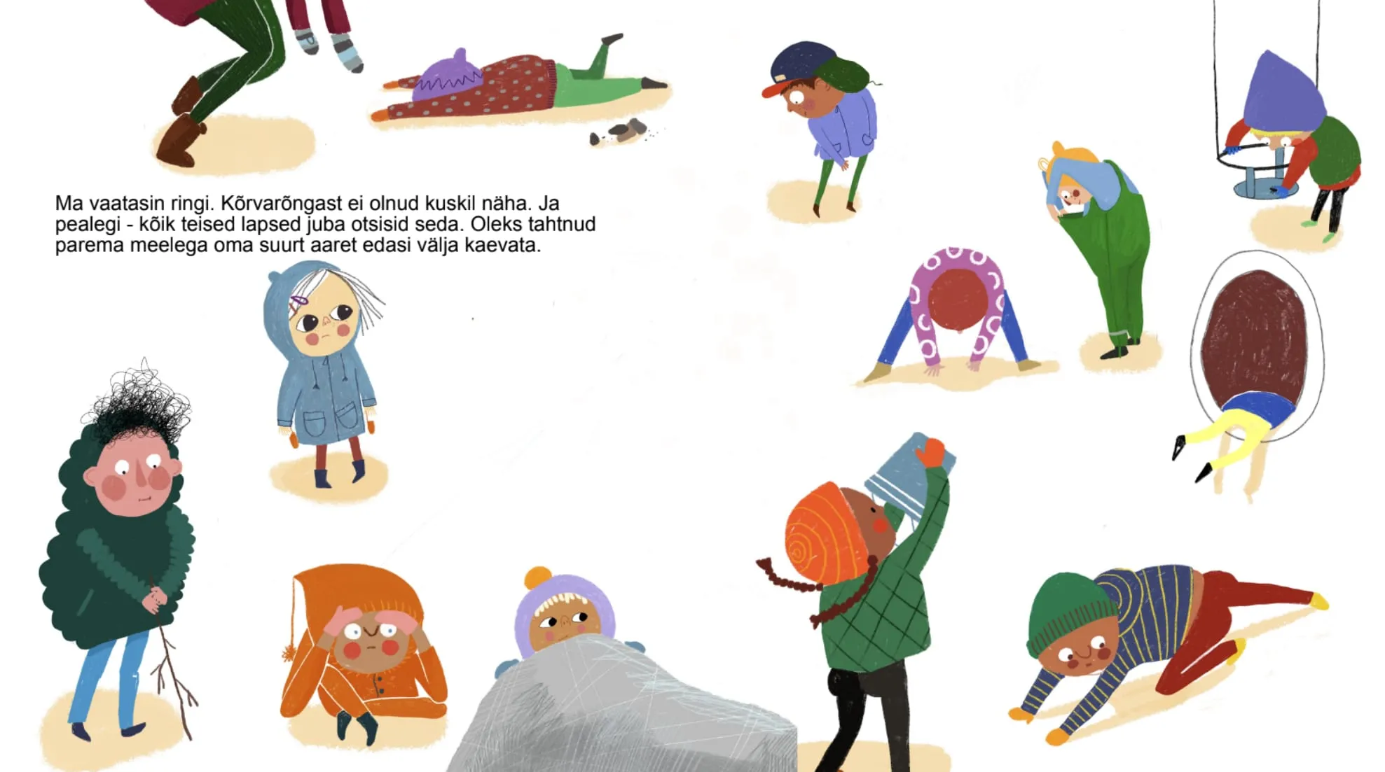 Children scattered across white space in winter coats, bent double, crouching and lying flat to search the sand