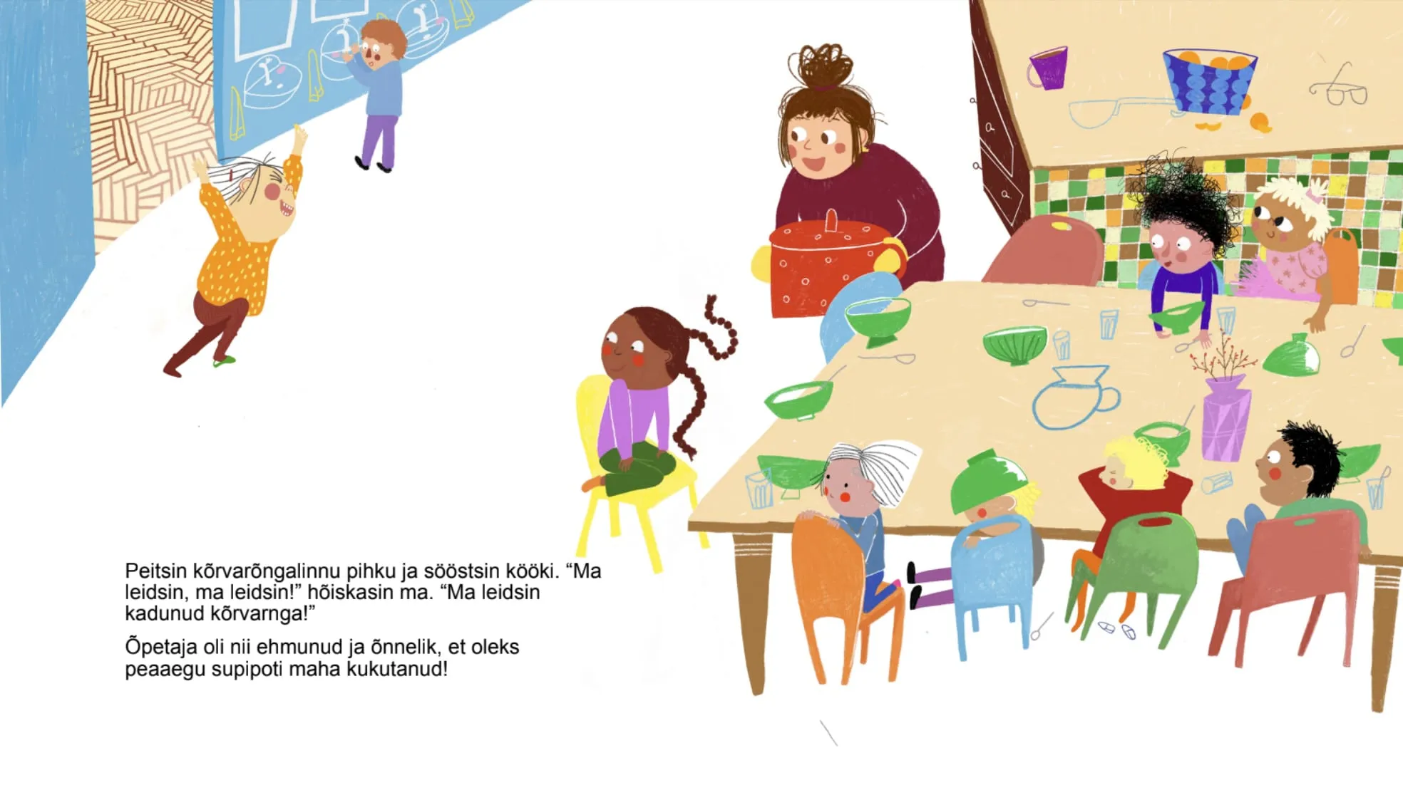 A child bursts through a blue door, arms raised; a teacher carries a red soup pot to the lunch table