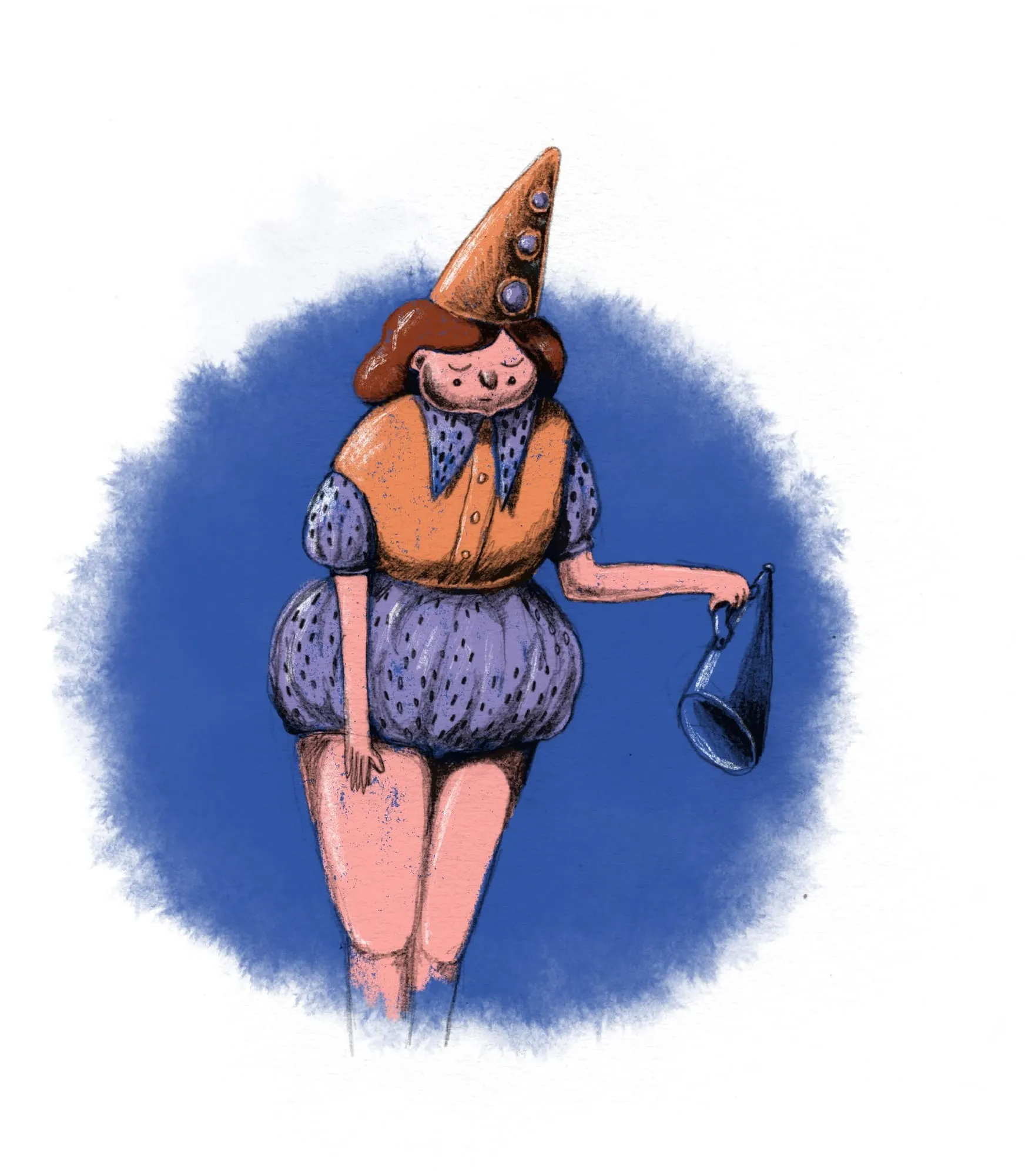 A woman in a tall polka-dot cone hat lets a megaphone dangle from one hand, against a deep blue halo