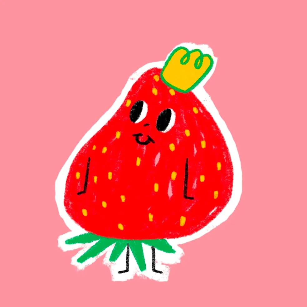 Red strawberry dotted with yellow seeds, a leafy cap tilted to one side