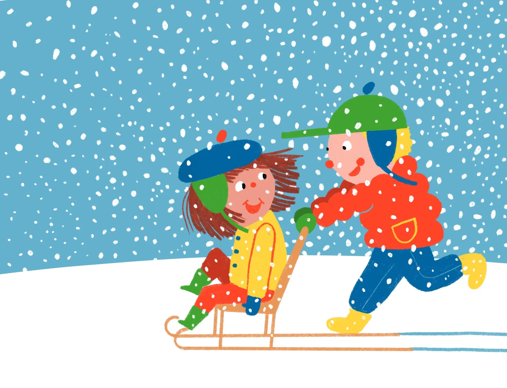 A boy in a red coat pushes a laughing girl on a wooden sledge through thick snowfall