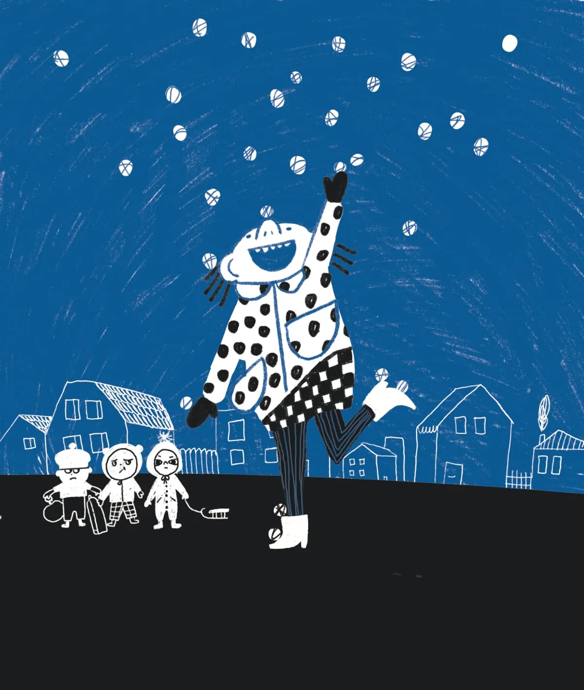 A lanky figure in a polka-dot coat kicks up a white boot under falling snow while three bundled children watch