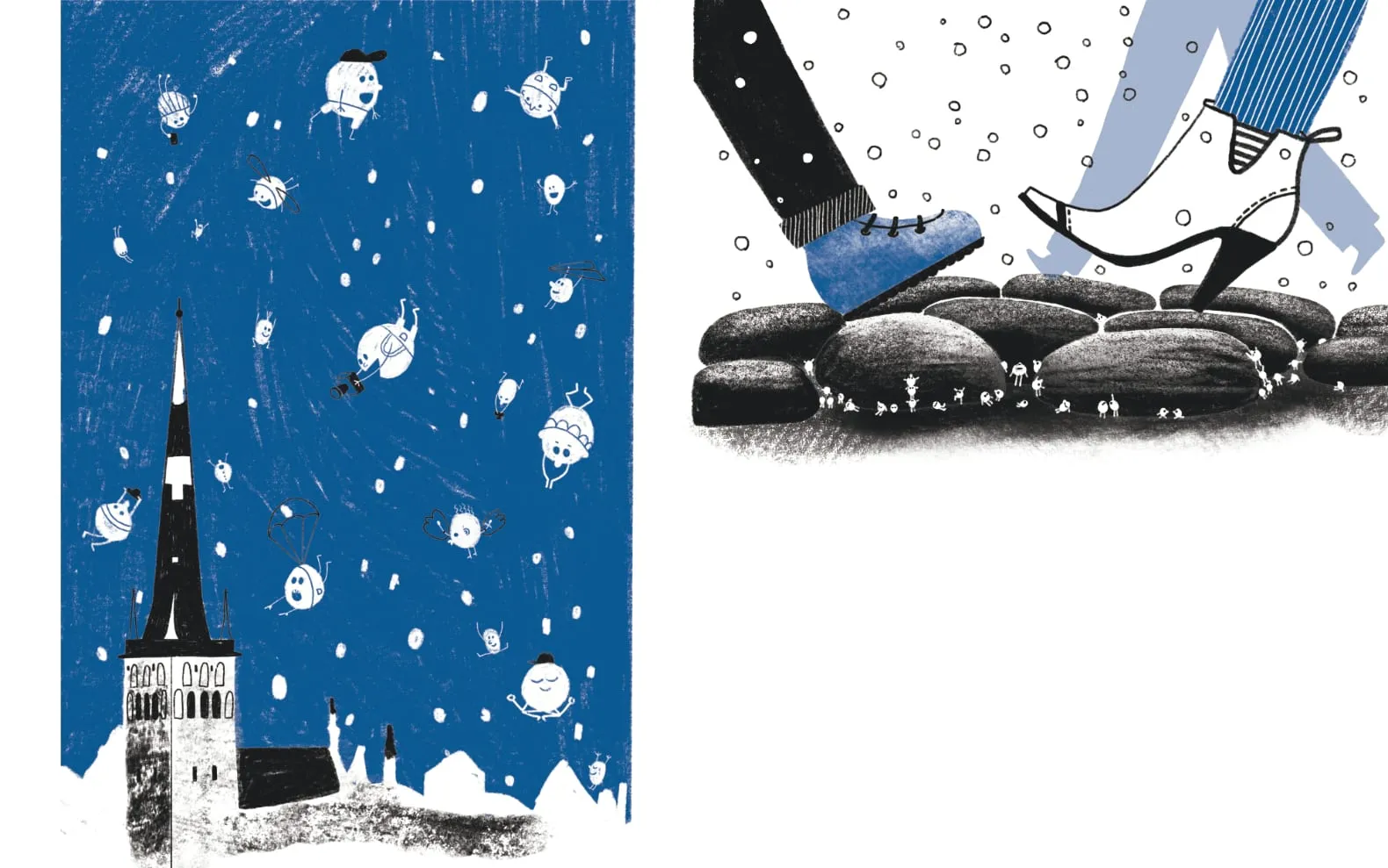 A church spire under a blue snowy sky as snowflakes with faces parachute down; giant boots tread among cobblestones