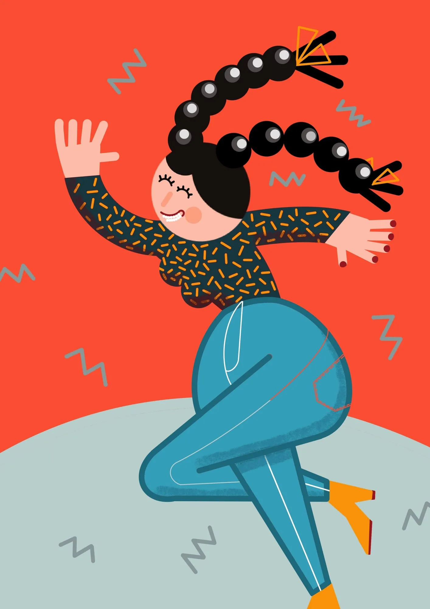 Dancer with beaded pigtails kicks up a heel on a bright red ground, arms flung wide