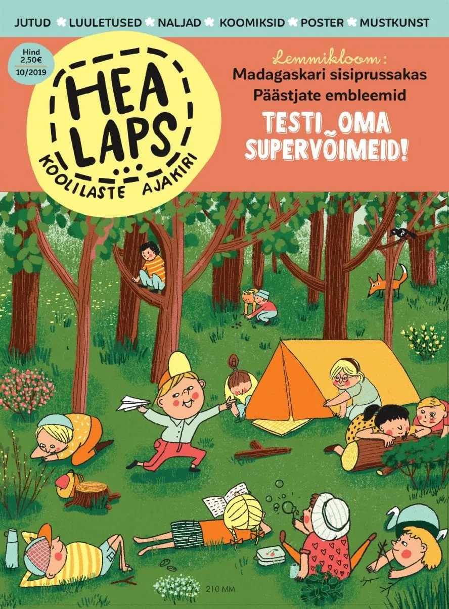 Children camping among tall pines with an orange tent, a paper plane in flight and a fox looking on