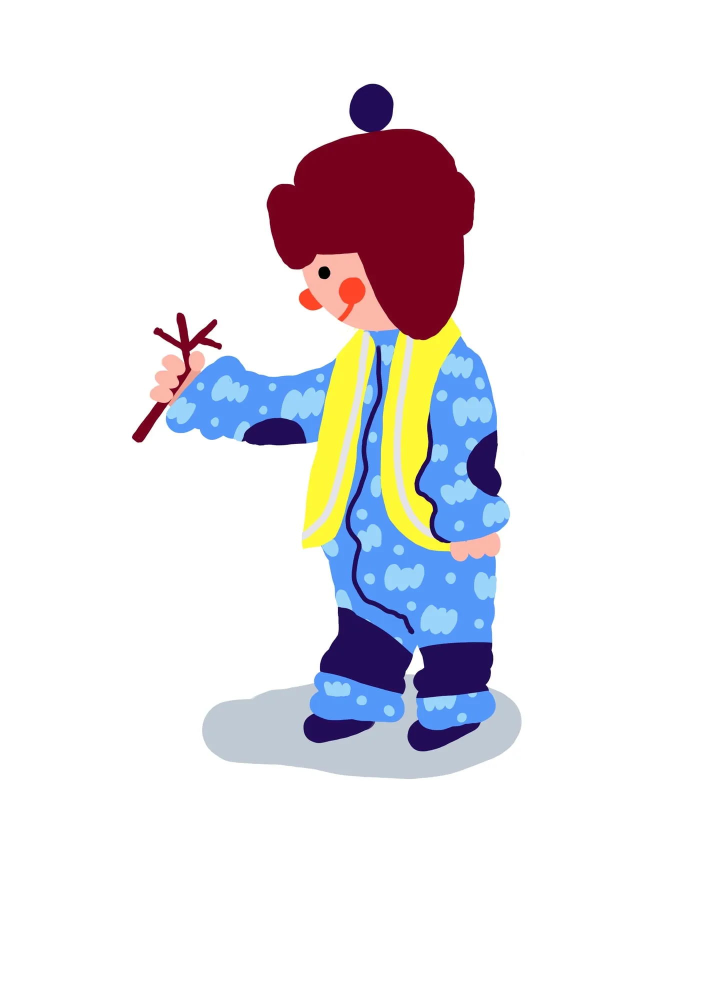 Toddler in a blue cloud-print snowsuit, fur hat and yellow high-visibility vest, holding up a small twig