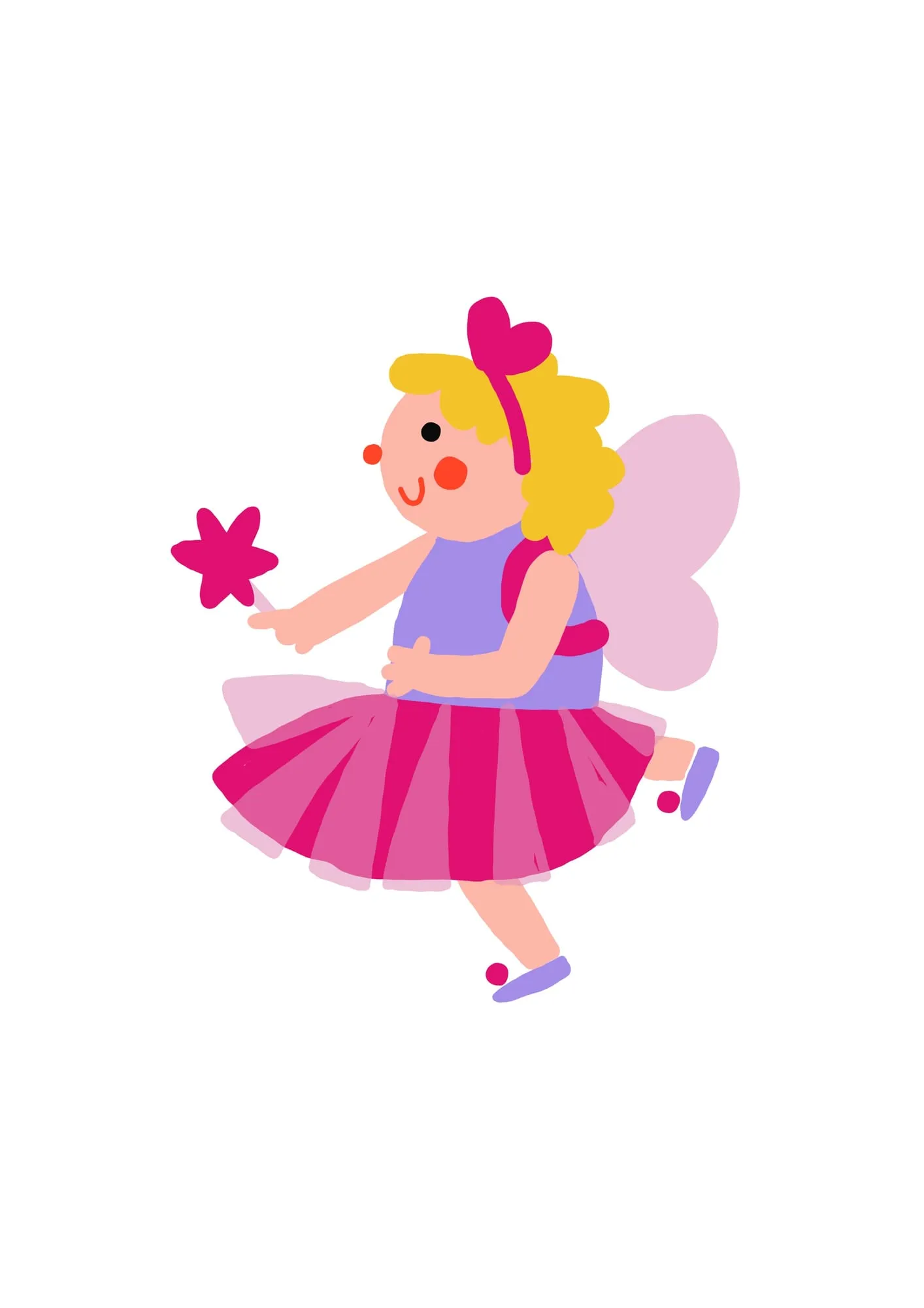 Blonde girl dressed as a fairy in a hot-pink tutu and gauzy wings, waving a pink star wand