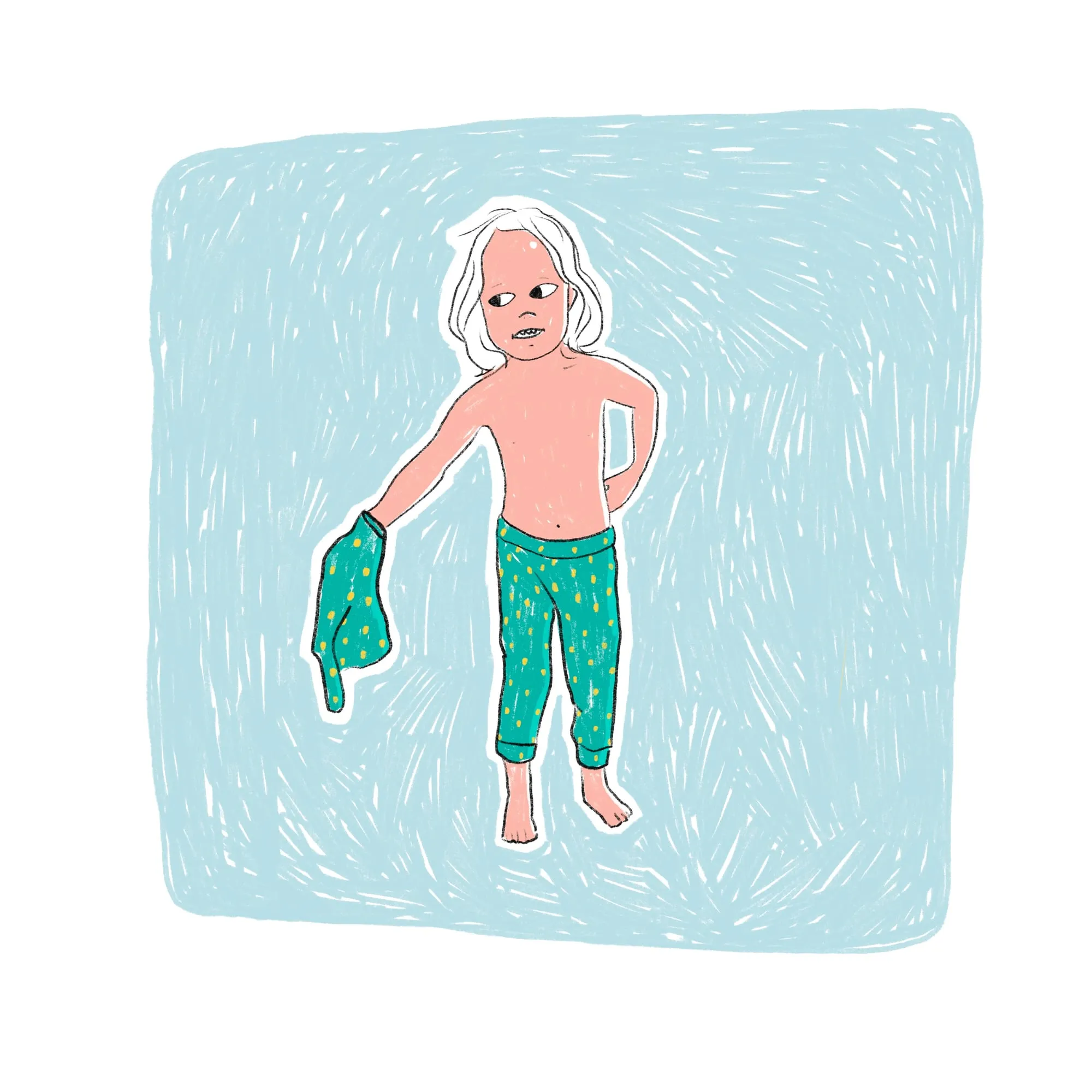 Bare-chested child in green spotted pyjama bottoms, dangling the pyjama top from one hand