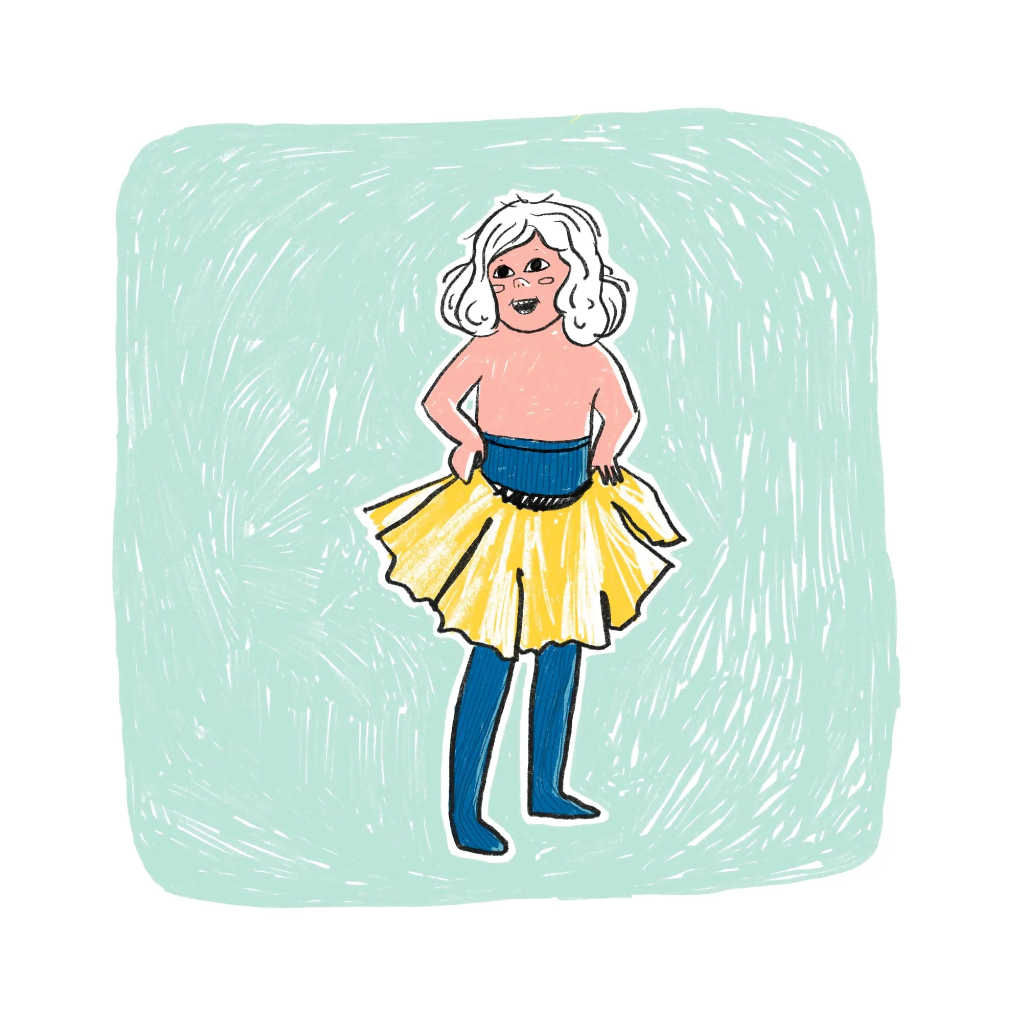 Grinning child in a yellow tutu skirt over blue tights, hands on hips