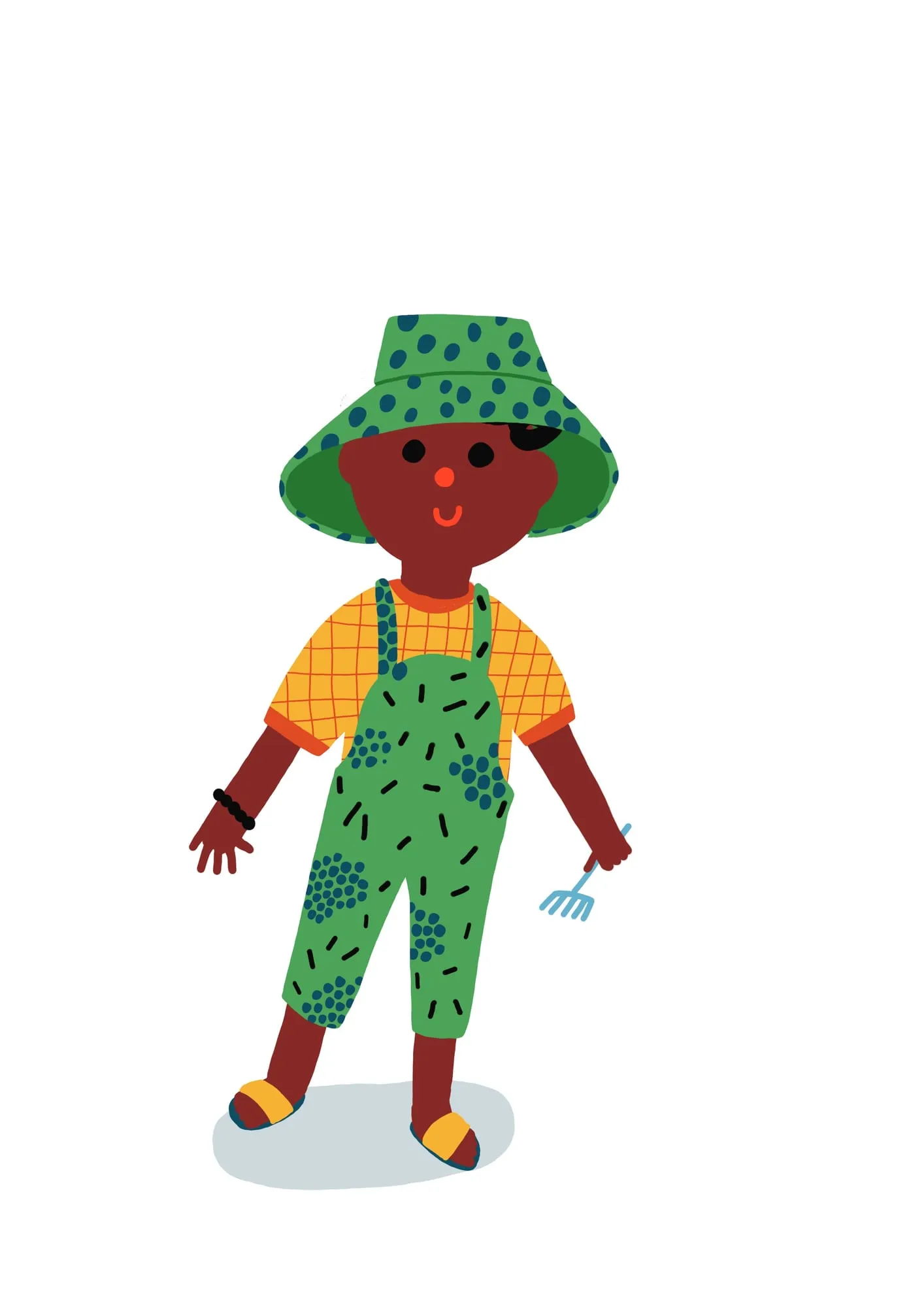 Child in a spotted green sun hat, yellow checked shirt and green dungarees, holding a small blue rake