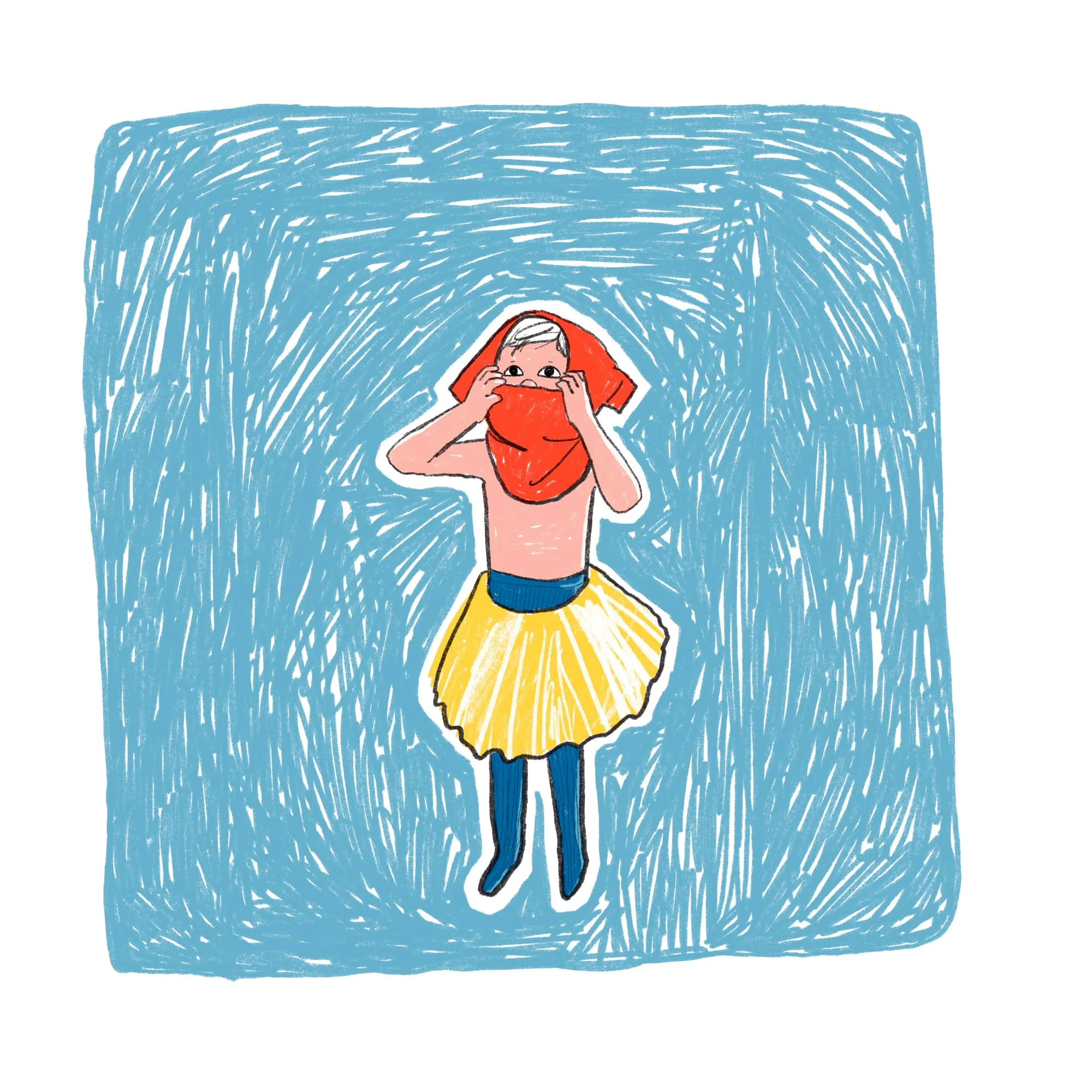 Red top stuck over the child's face, only wide eyes showing above the fabric