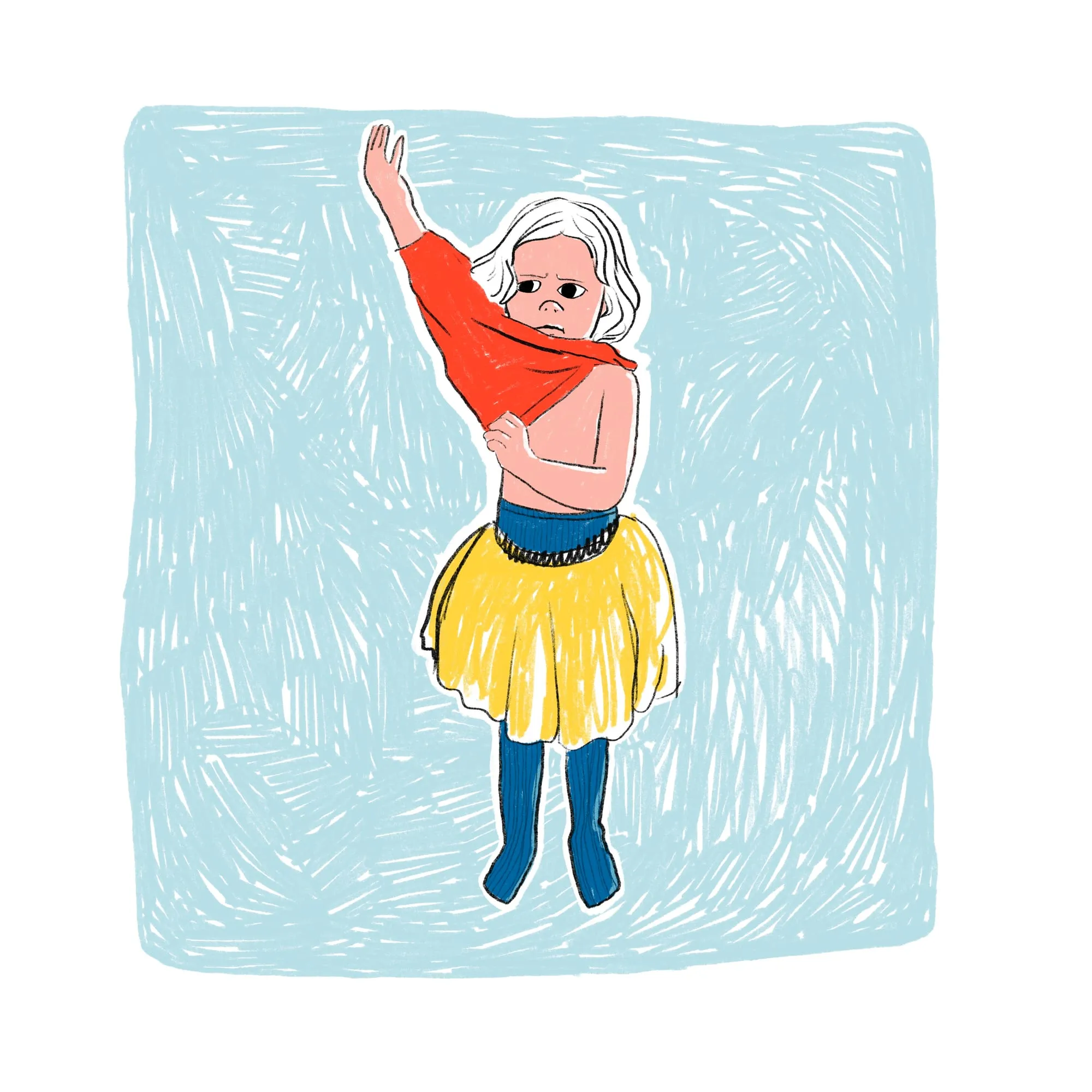 One arm raised through the sleeve of a red top, over yellow tutu skirt and blue tights