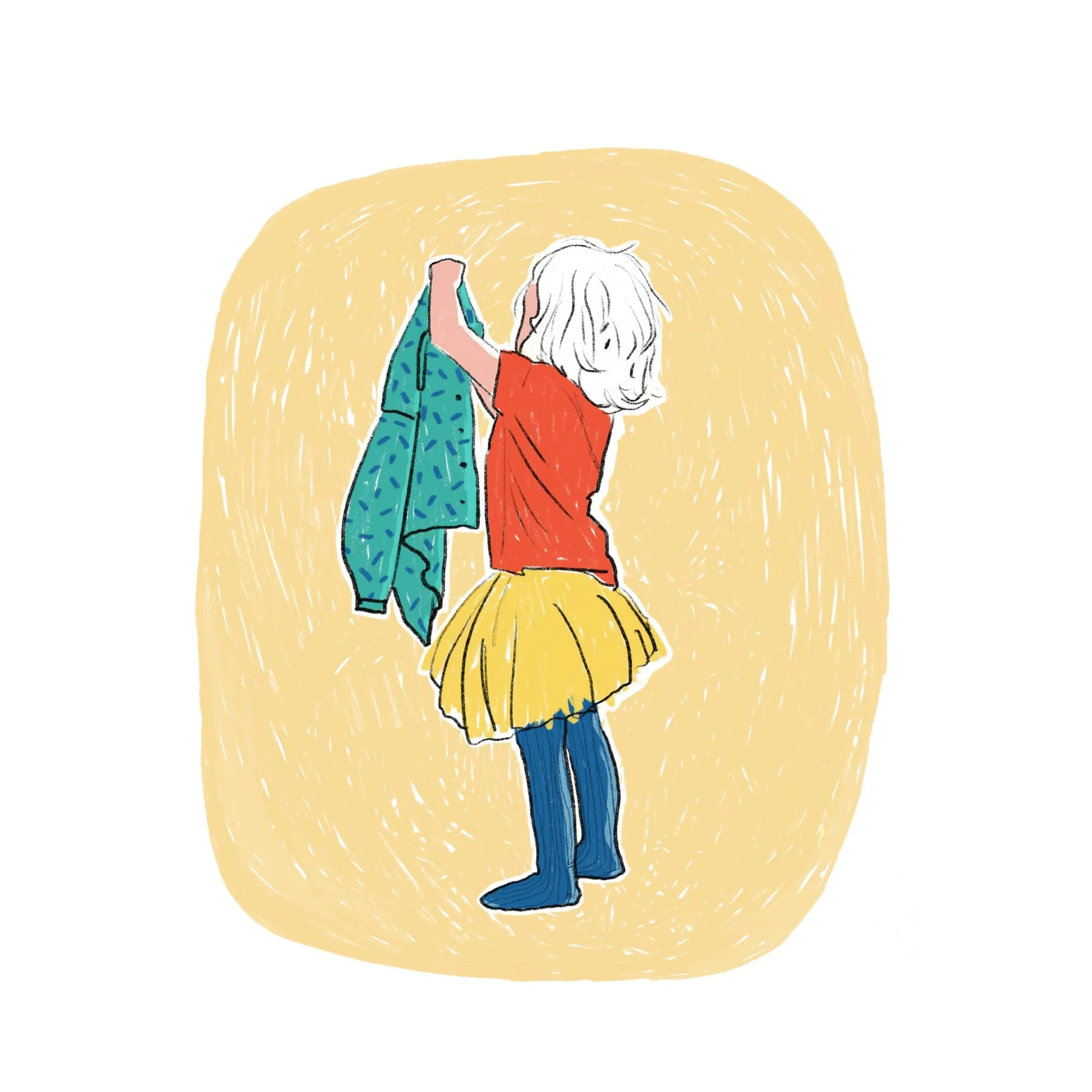 White-haired child in red shirt, yellow skirt and blue tights holds up a green speckled cardigan