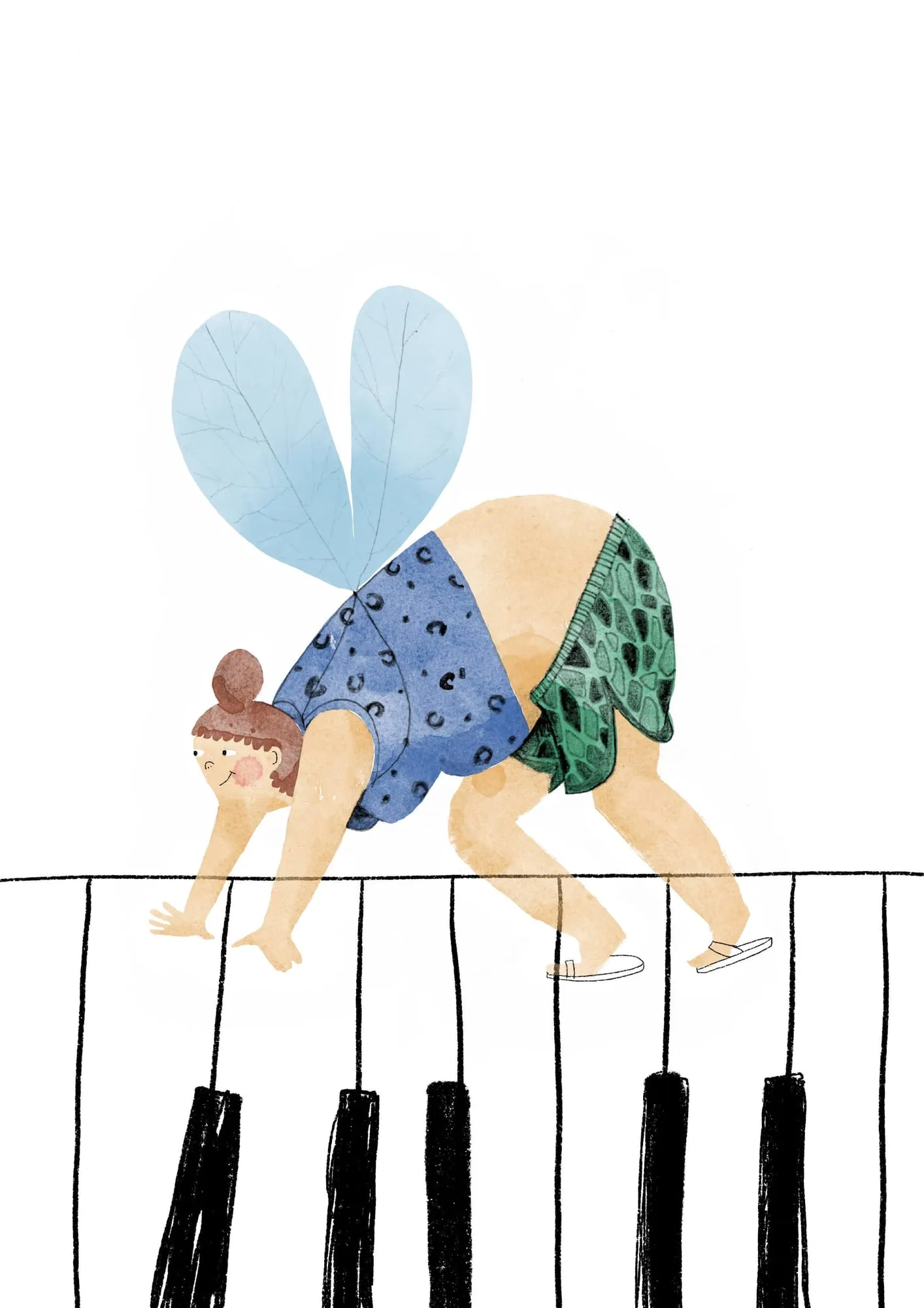 Woman on all fours with pale blue insect wings crawls along a row of black piano keys