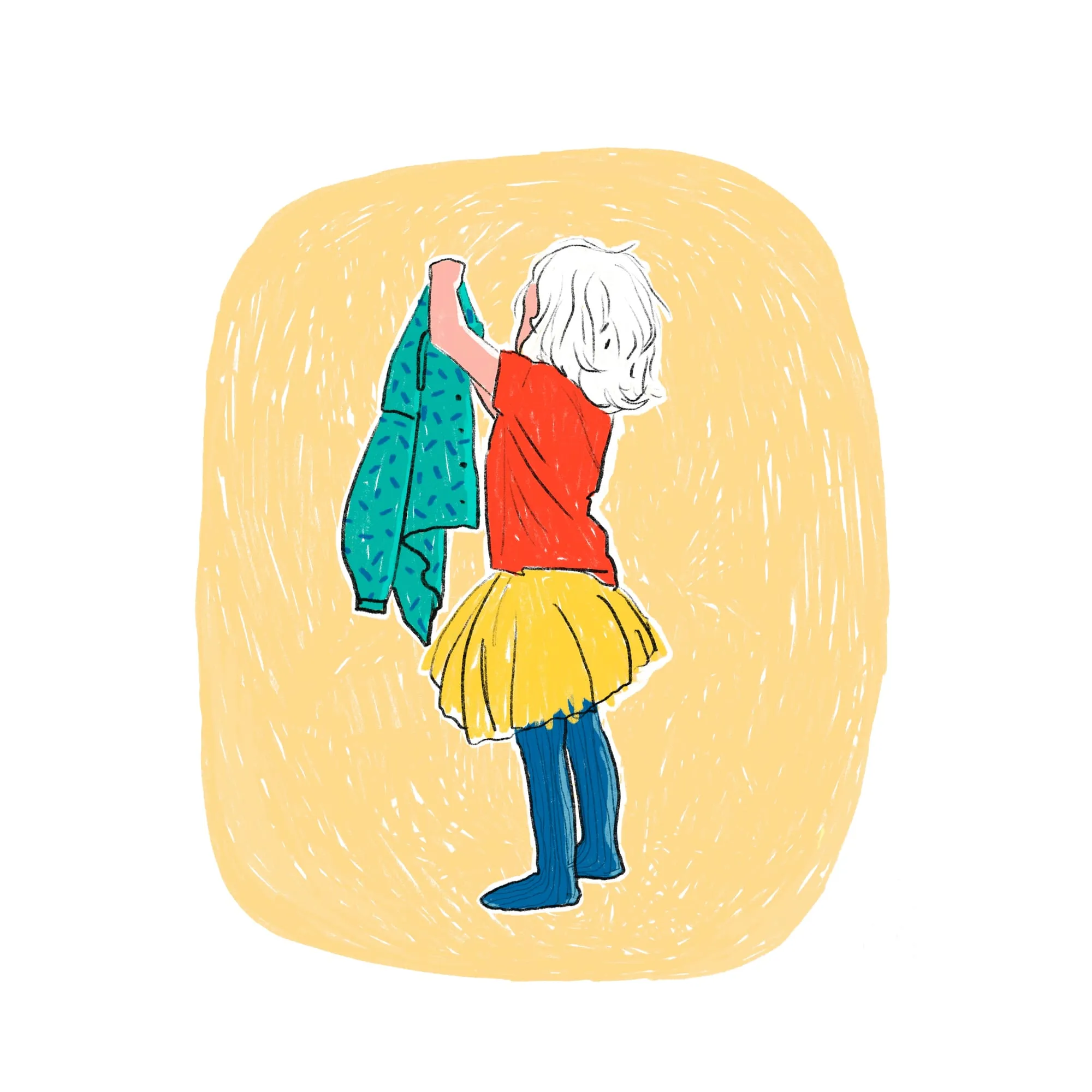 Seen from behind in red top and yellow skirt, holding up a green sprinkle-patterned jumper