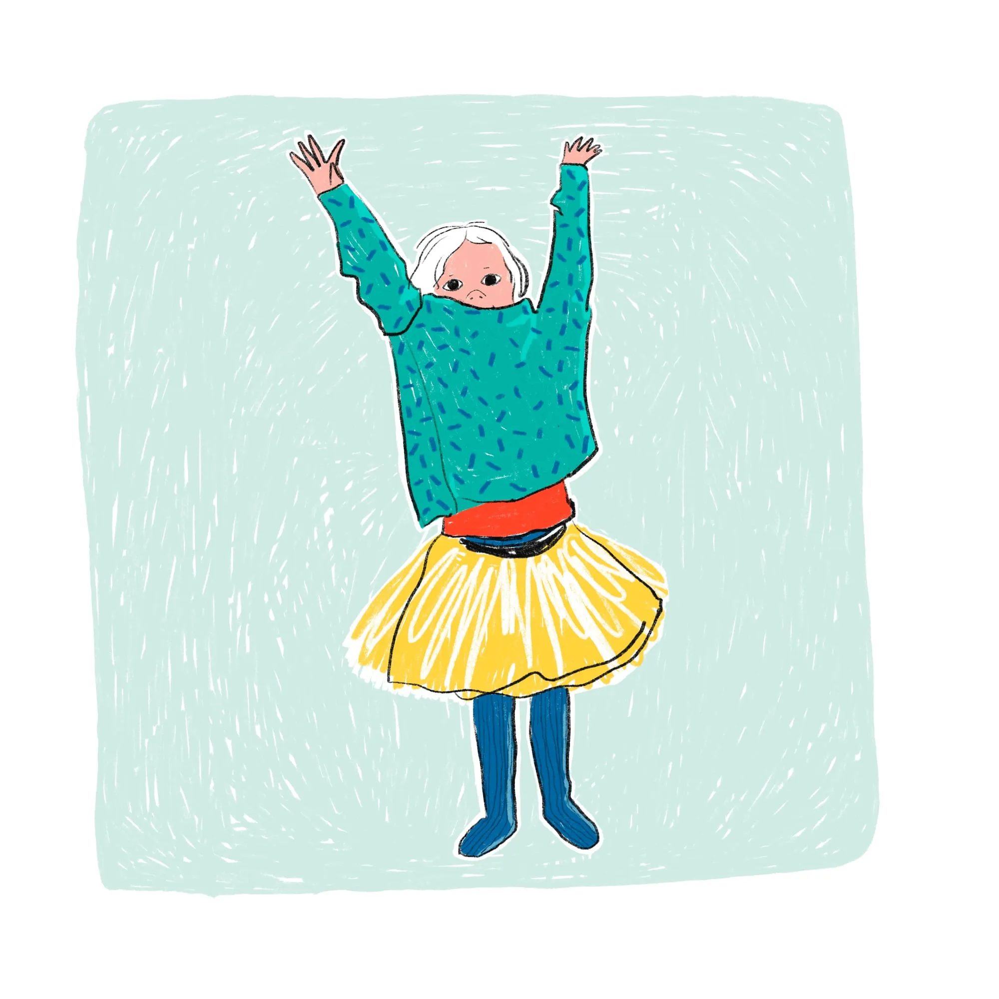 Arms flung up in a green sprinkled jumper pulled to the chin, yellow skirt flaring