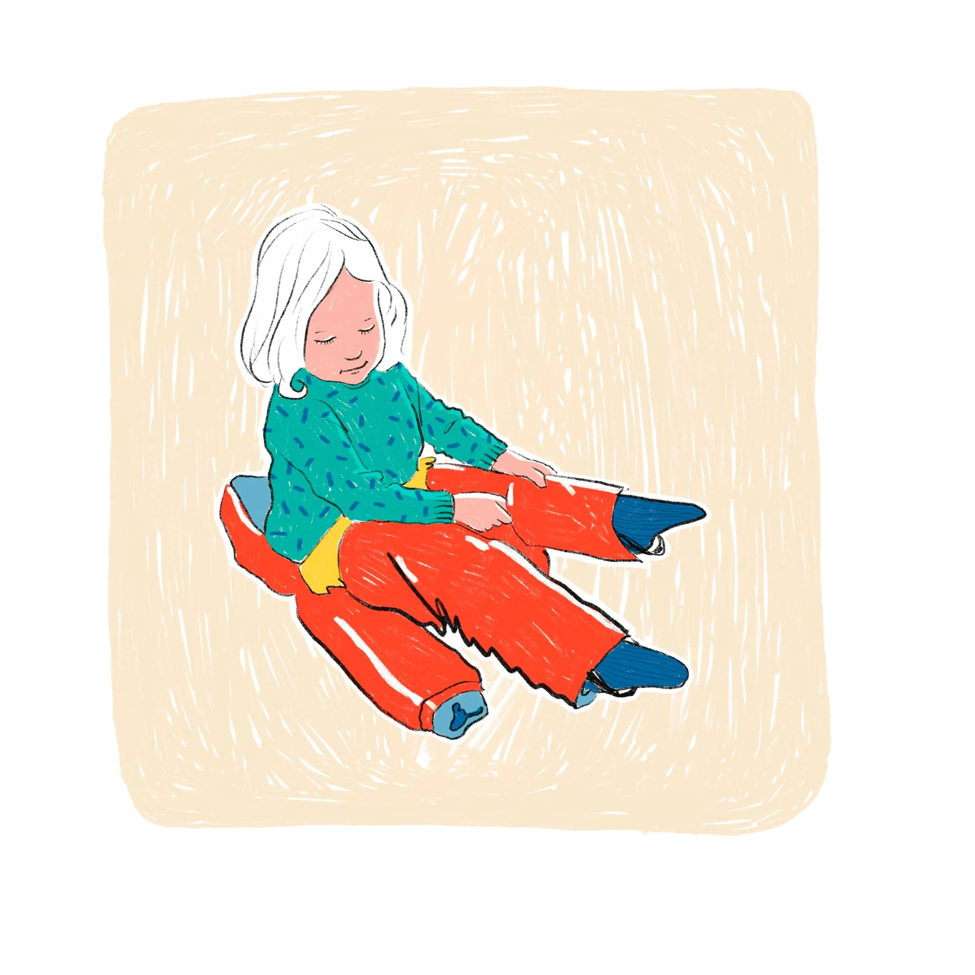 Child sitting on the floor threading blue-socked legs into wide red trousers