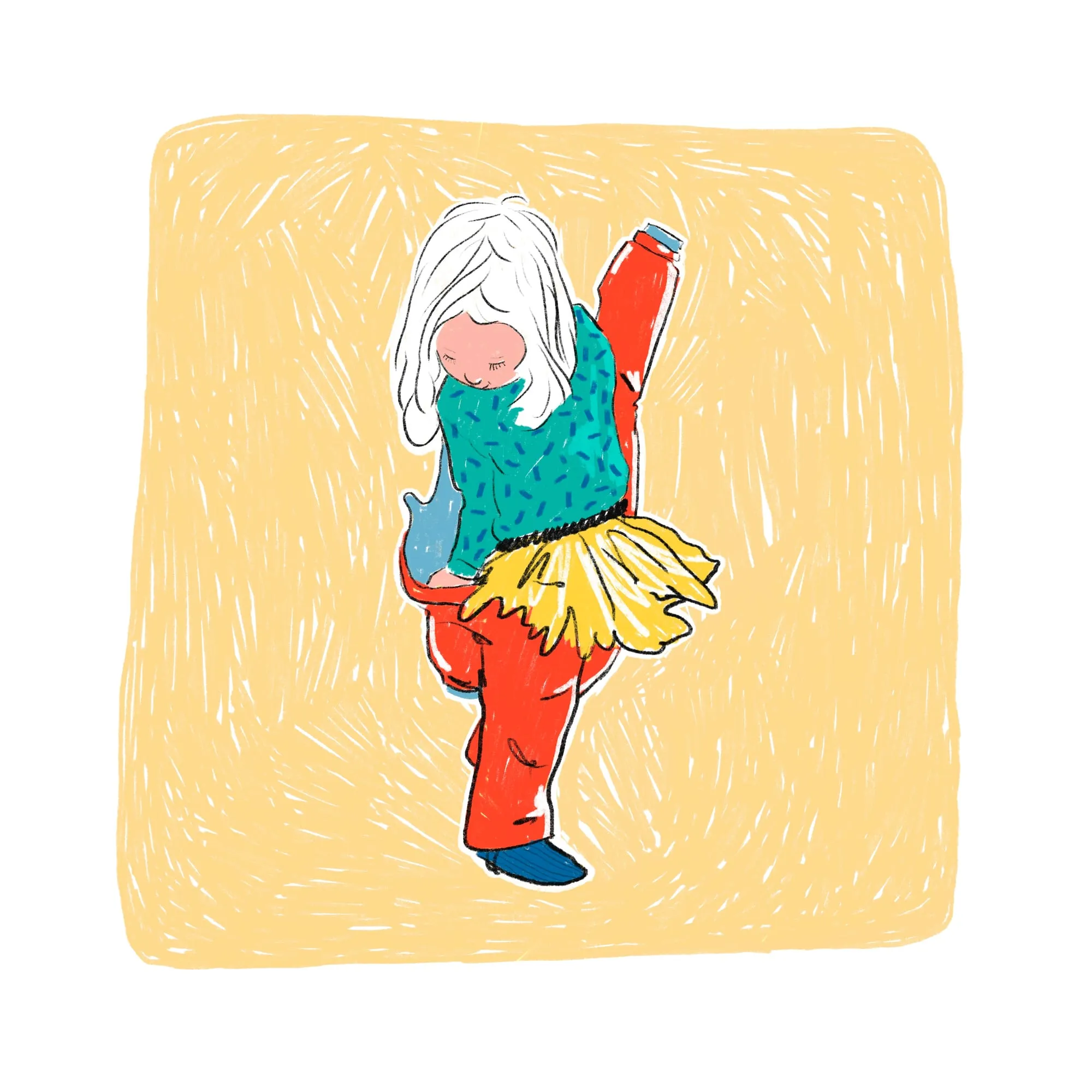 Balancing on one leg to step into red trousers, yellow skirt bunched at the waist