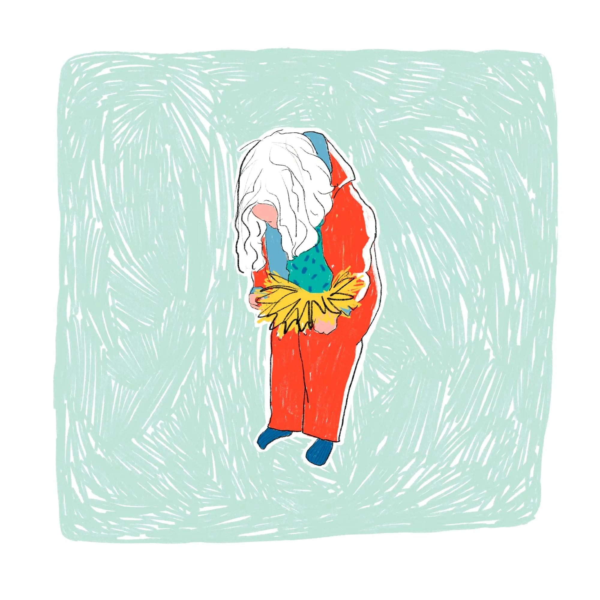 Bent double with hair hanging down, tugging red trousers up beneath a yellow tutu skirt