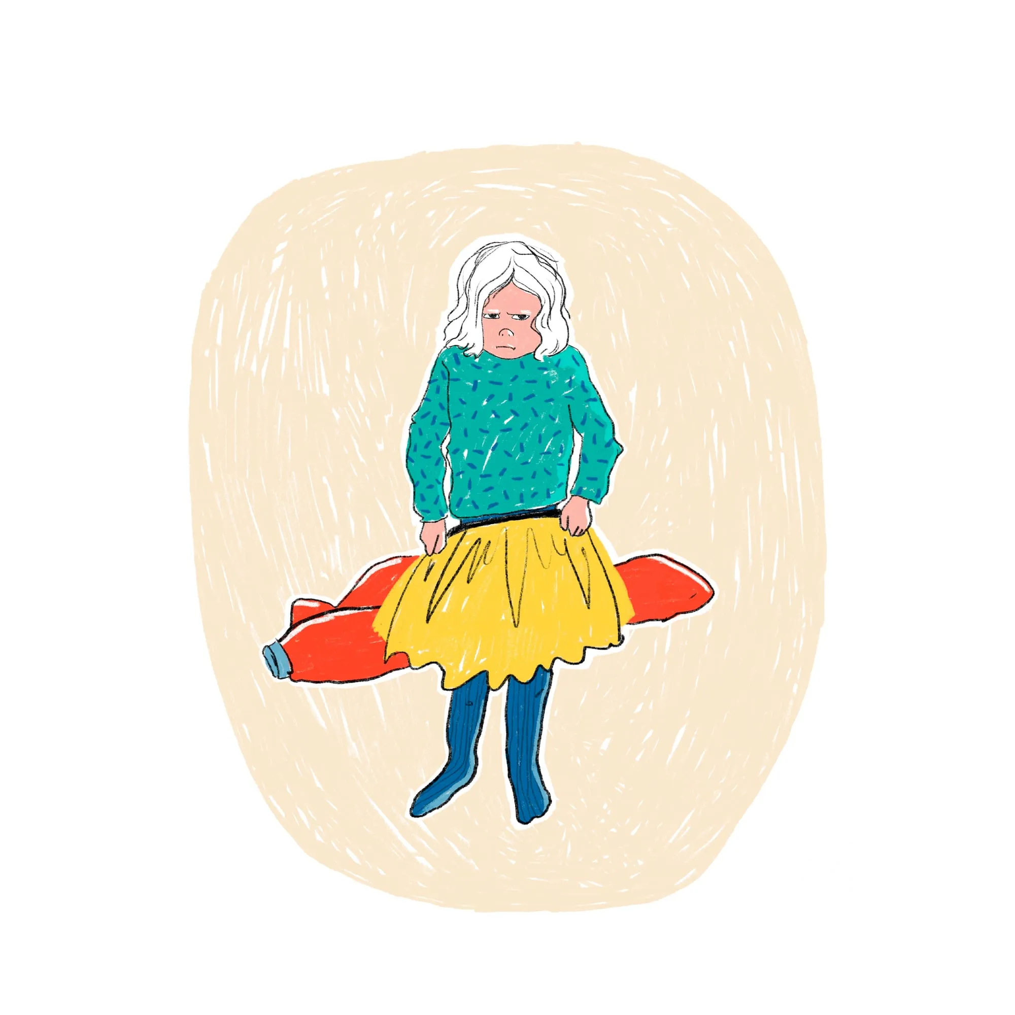Scowling in green jumper and yellow skirt, the empty red trousers lying flat behind