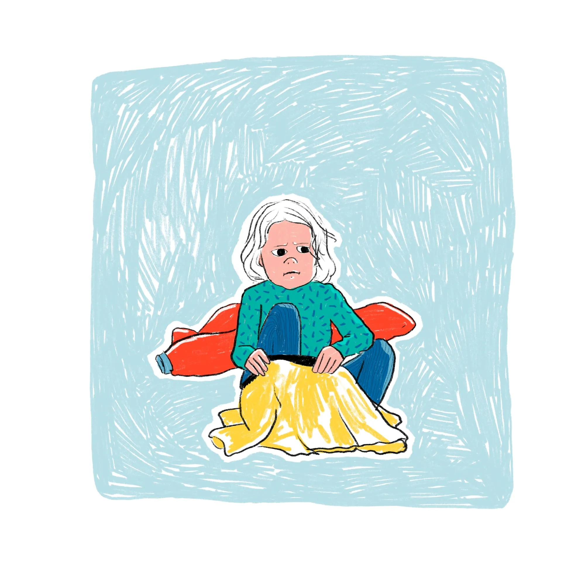 Sitting knees-up with the yellow skirt spread over the legs, red trousers cast off behind