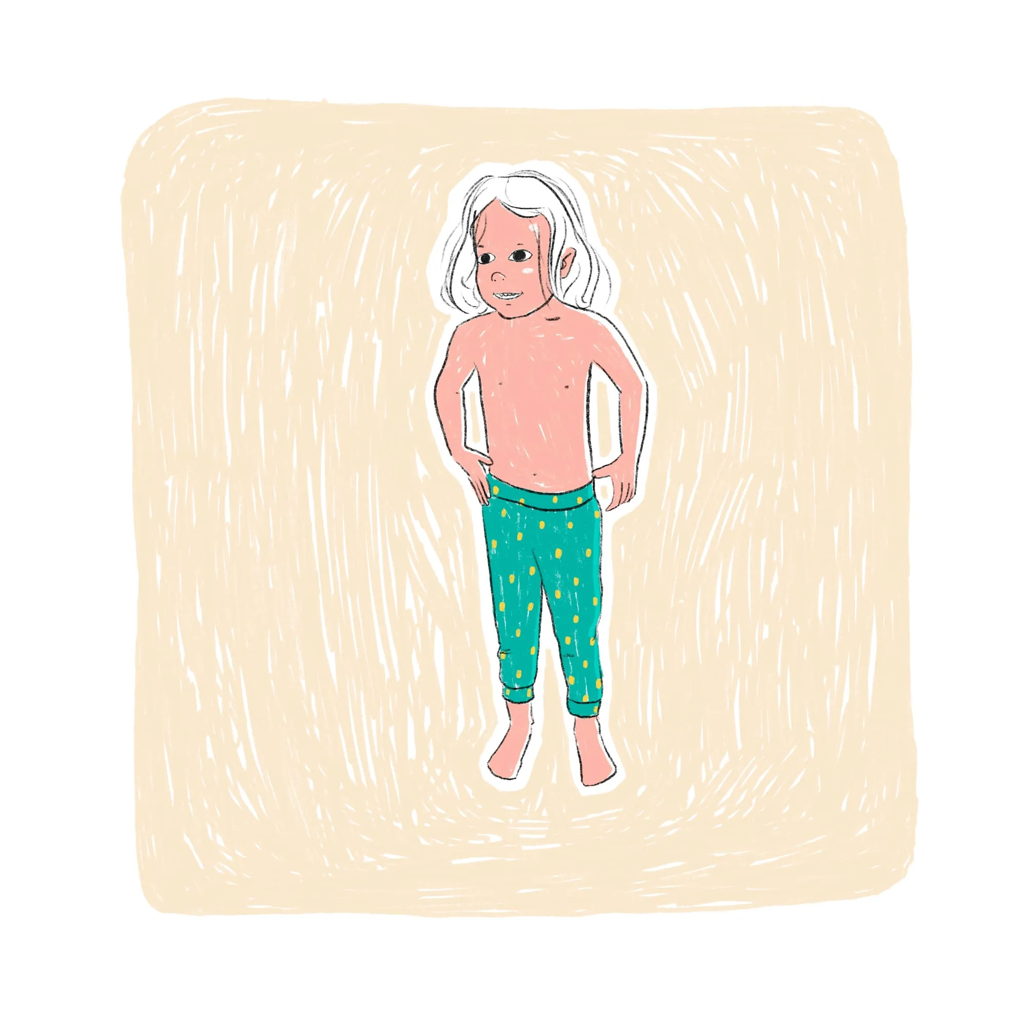 Child standing bare-chested in green spotted pyjama bottoms, hands resting on the waistband