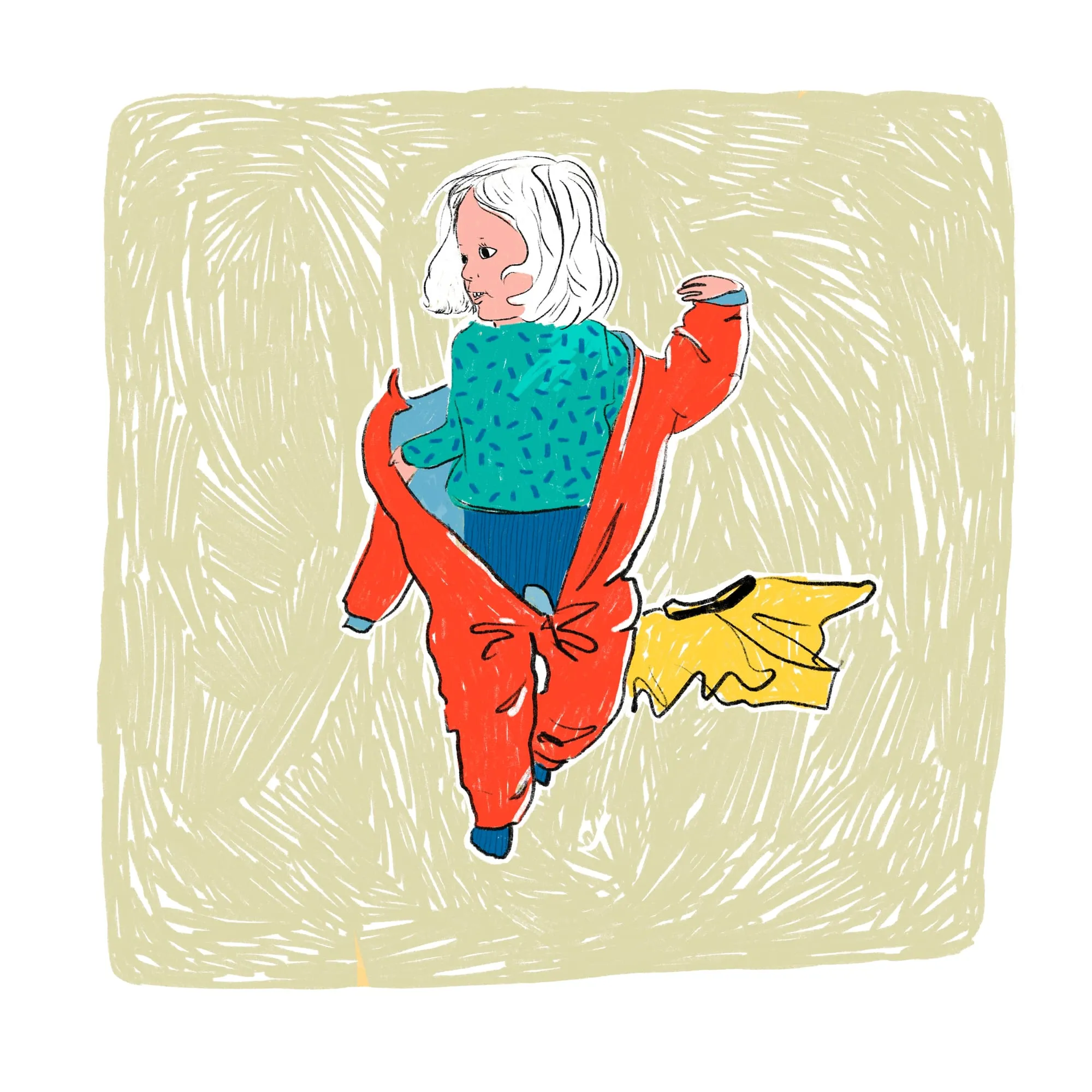 Kicking one leg high into a red trouser leg, the yellow skirt dropped on the floor