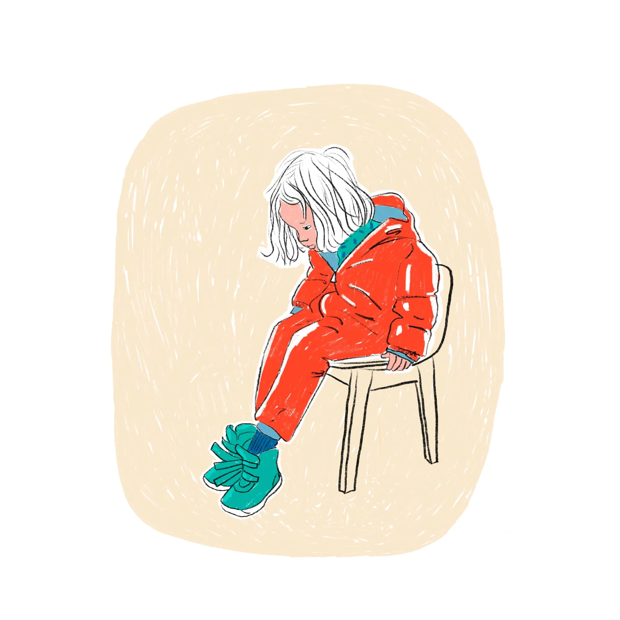 Child on a wooden chair in a red snowsuit, leaning down to pull on a green shoe