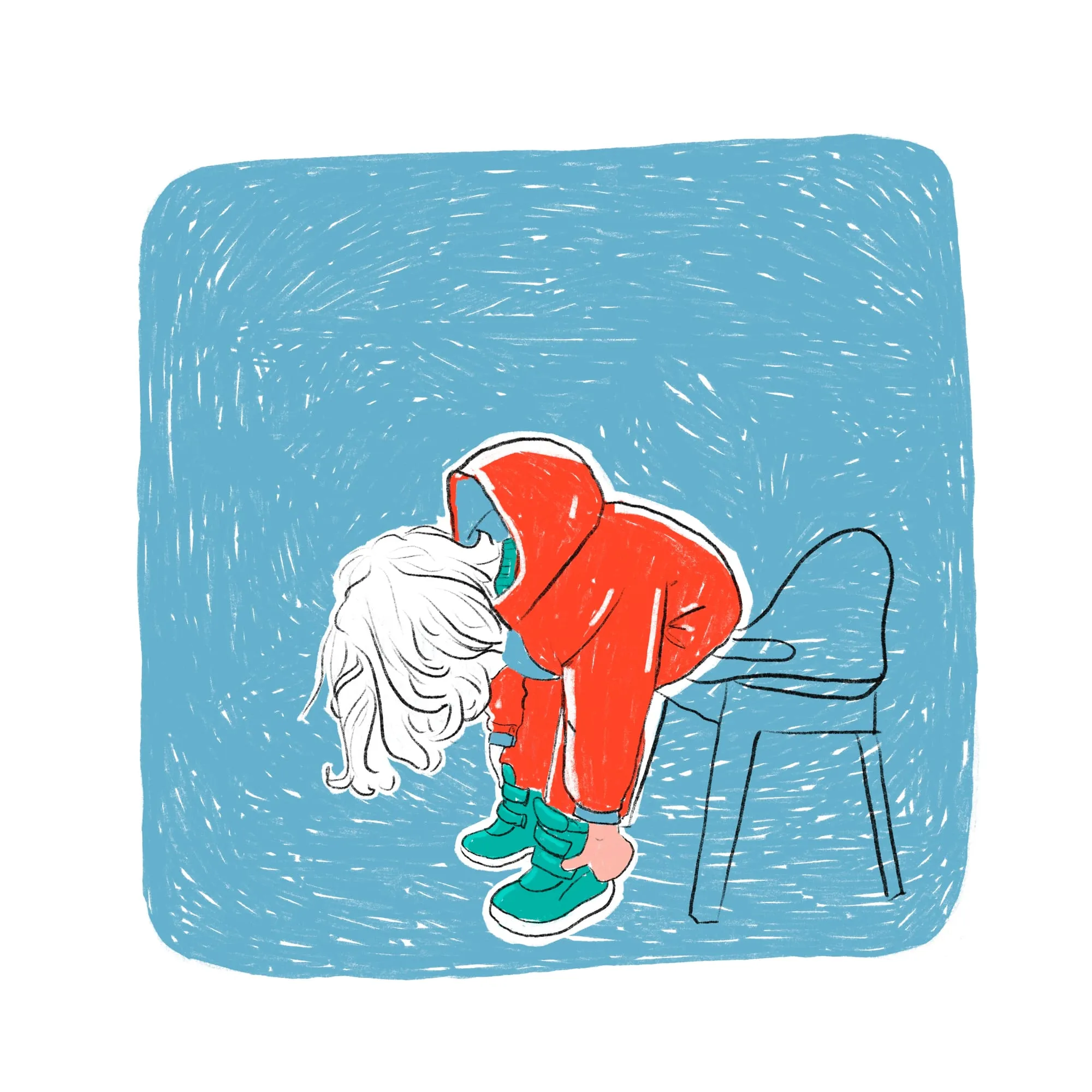 Bent over beside the chair in a hooded red suit, fastening the straps of two green shoes