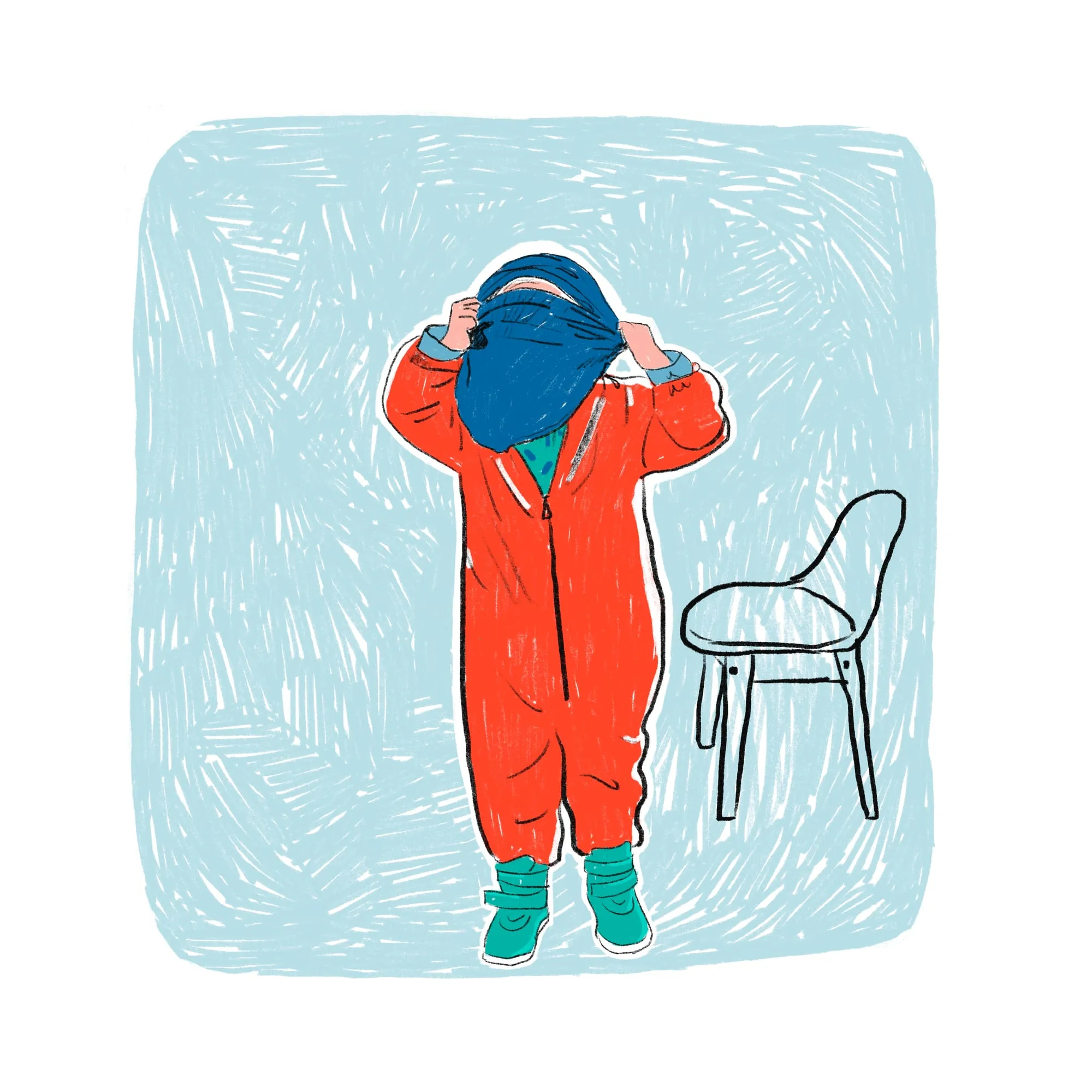 Blue snood pulled right over the face, red snowsuit and green shoes, empty chair alongside