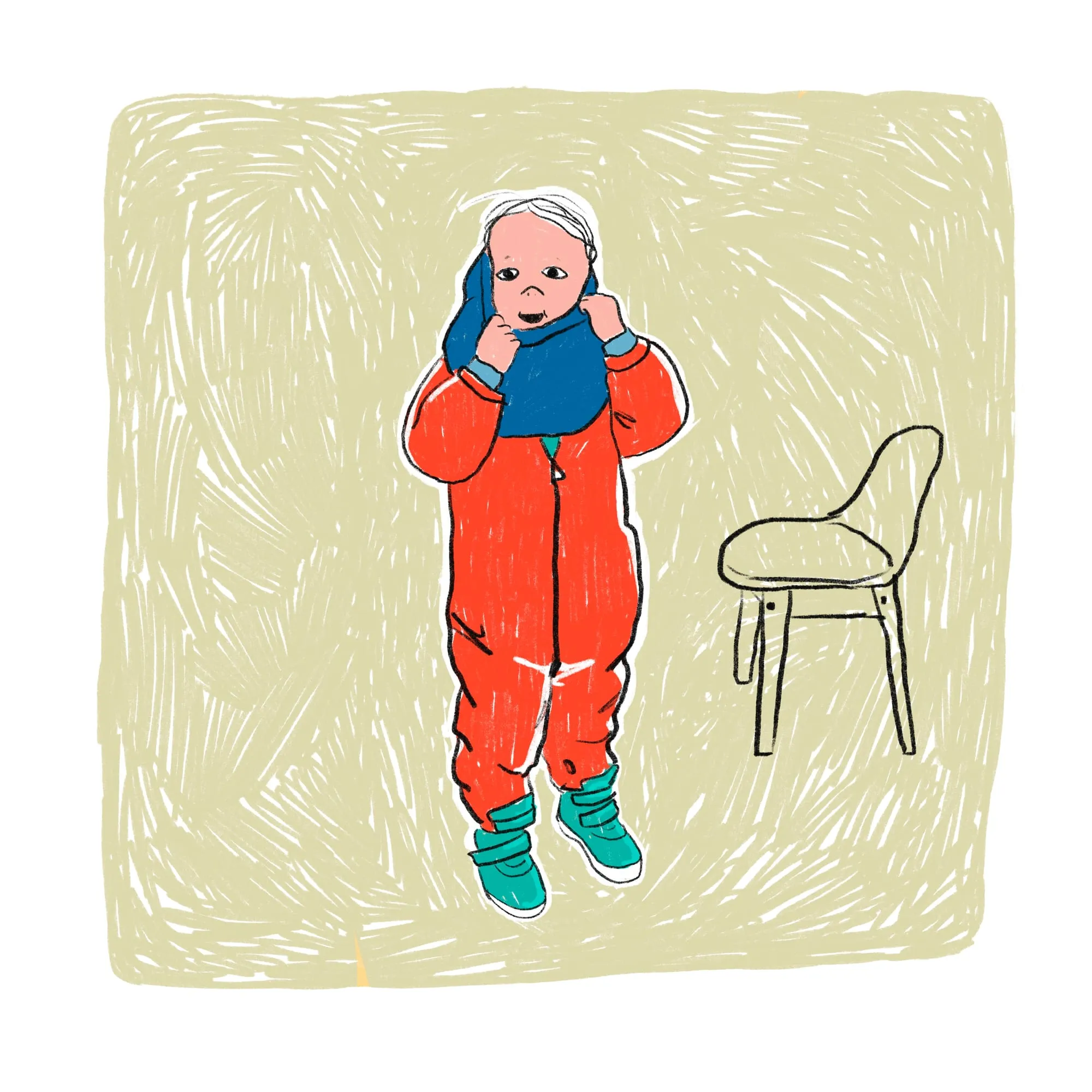 Tugging a blue snood down under the chin, red snowsuit and green boots, chair nearby