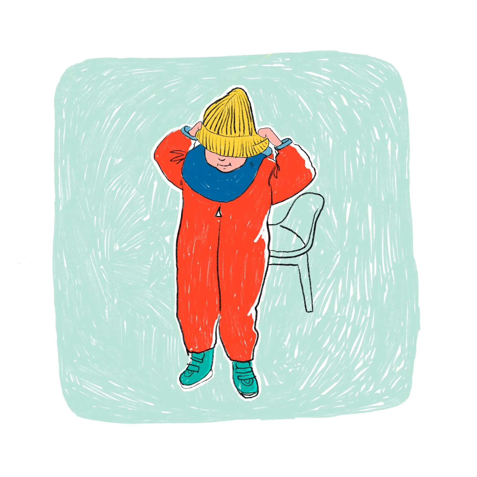 Pulling a yellow knitted beanie down over the eyes, blue snood bunched at the neck