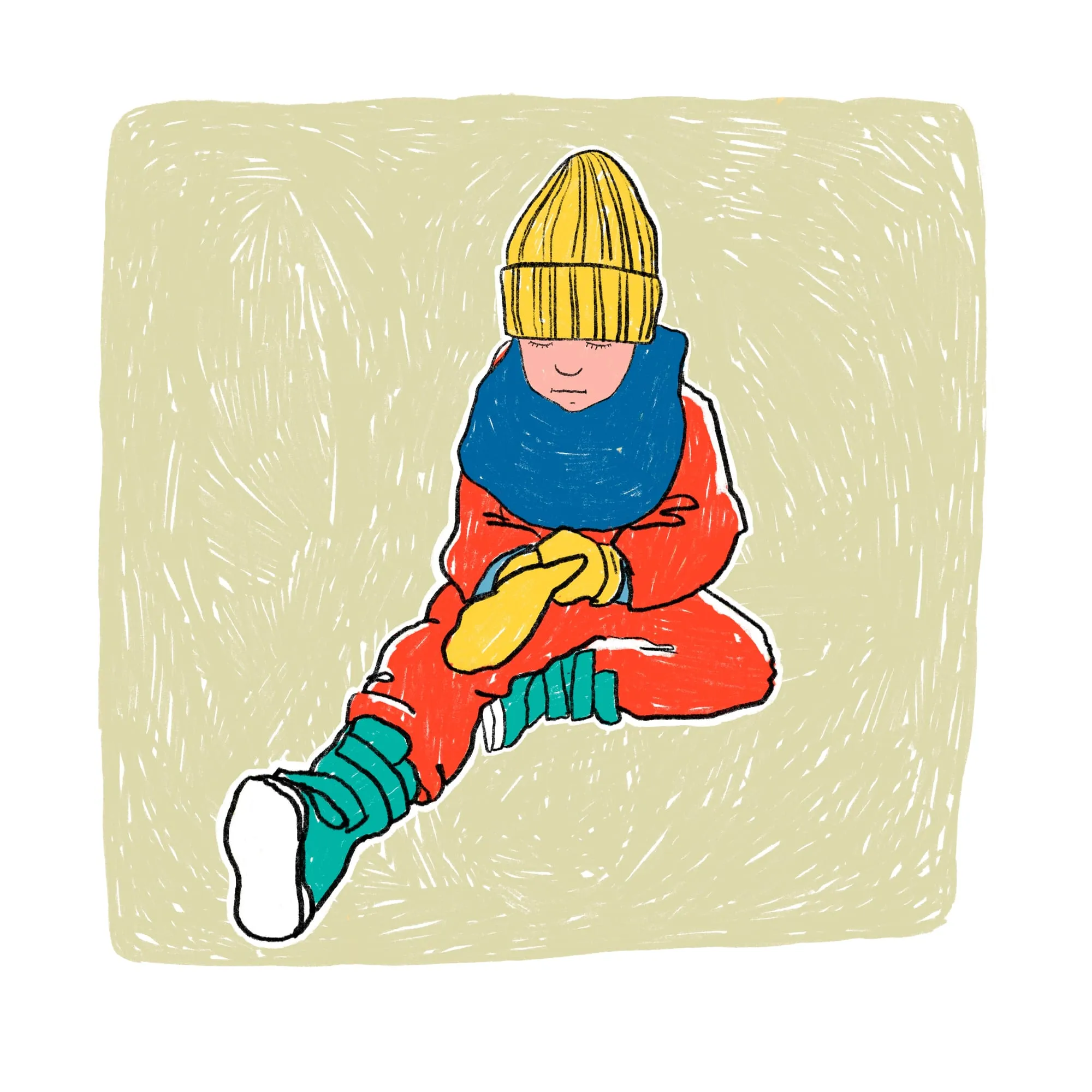 Working a yellow mitten onto one hand, the beanie tipped low over the eyes