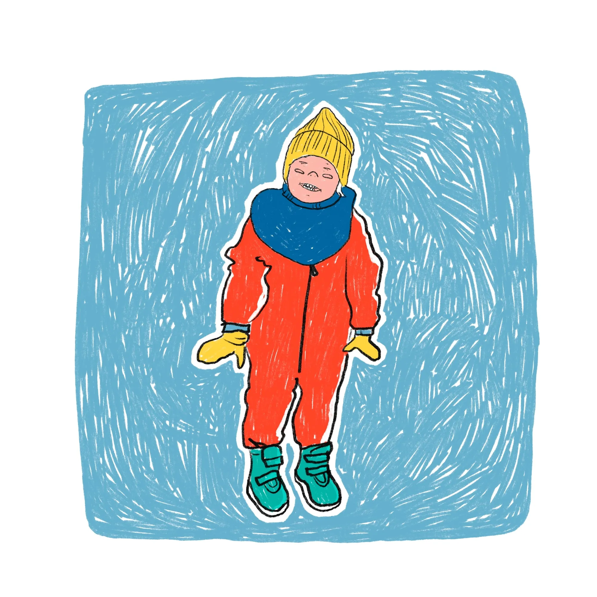 Dressed at last in red snowsuit, yellow hat, blue snood and mittens, laughing