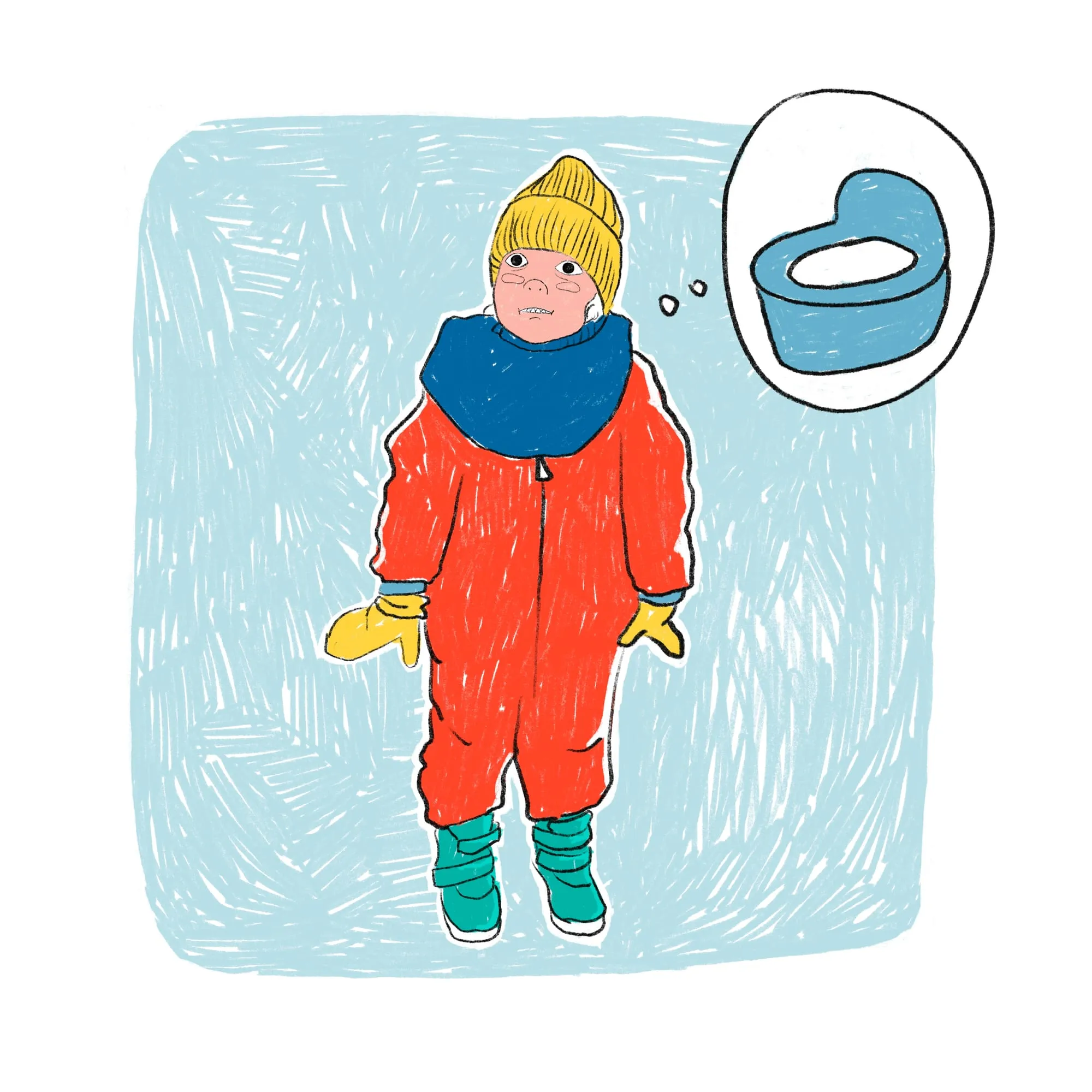 Bundled in snowsuit, hat and mittens, a thought bubble above showing a blue potty