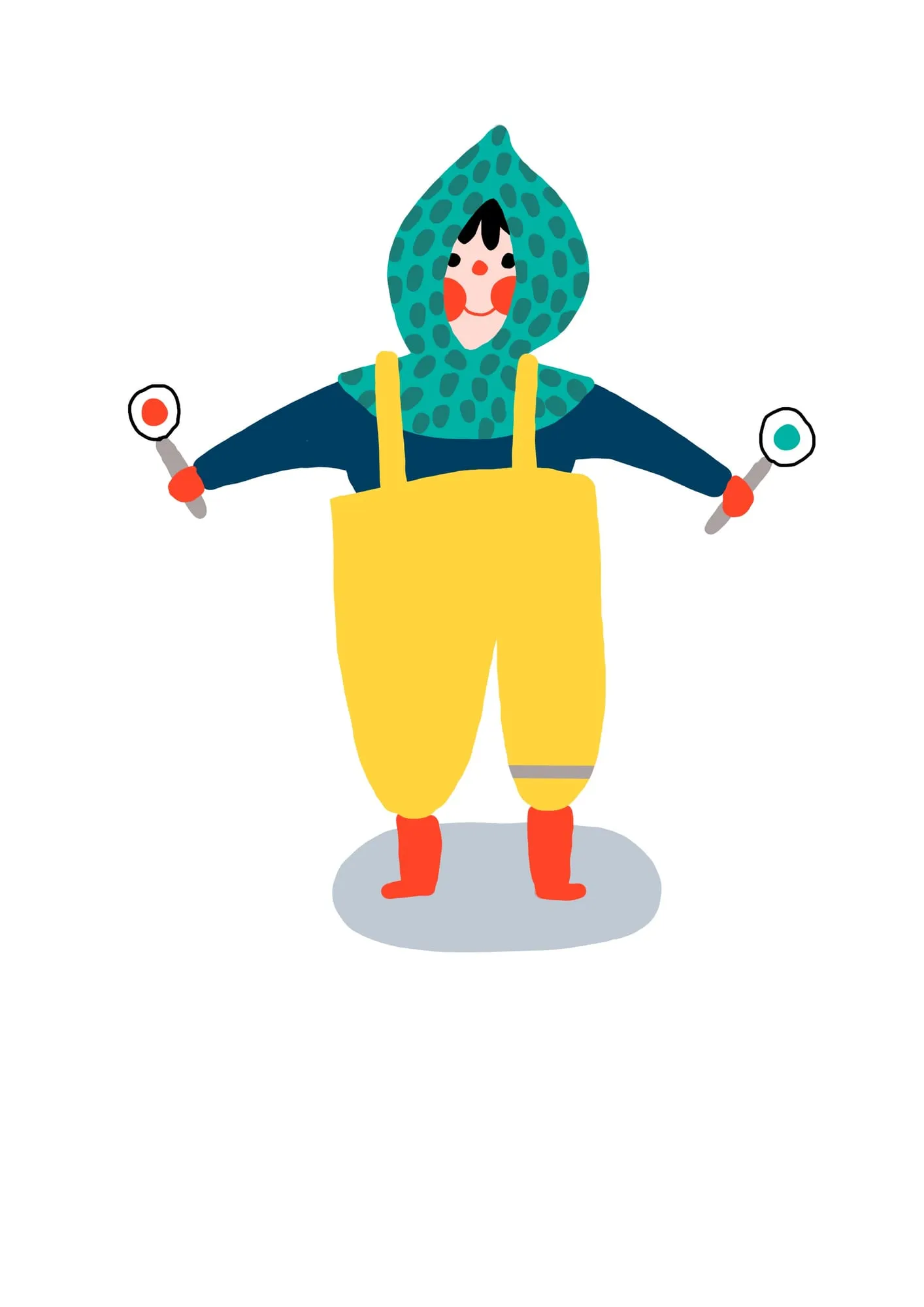 Child in a spotted teal hood and yellow dungarees with red wellies, a round-topped stick in each mitten