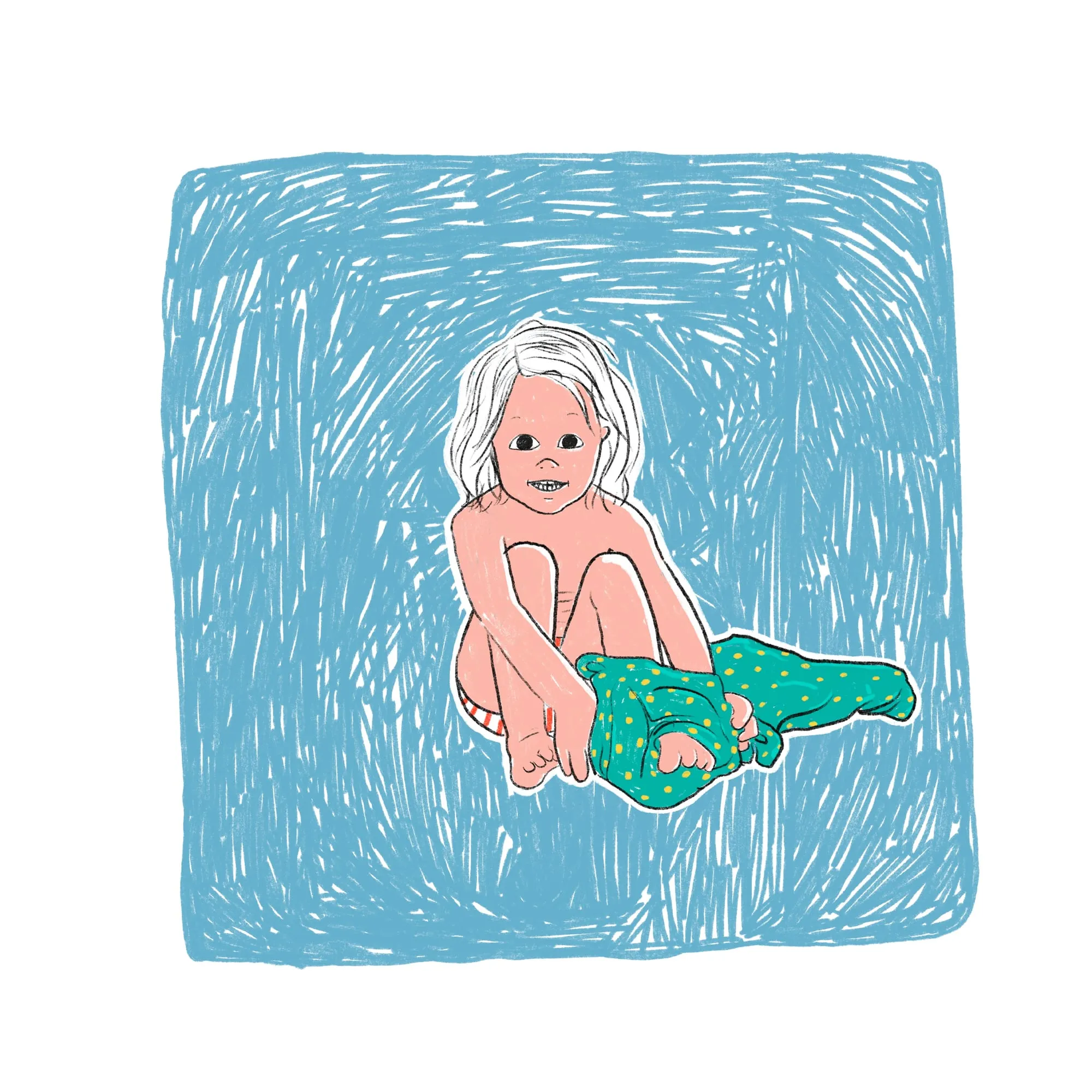 Child sitting on a blue ground, peeling green spotted pyjama trousers down off both legs