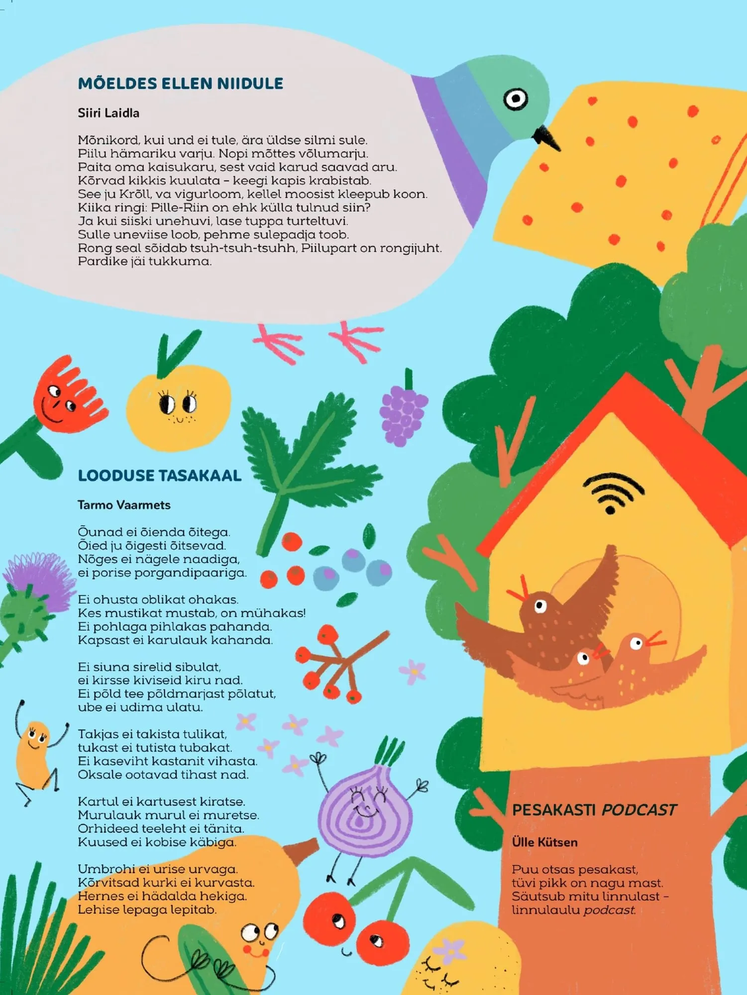 Poetry page on sky blue with a birdhouse wearing a wi-fi signal, nesting birds and smiling fruit and vegetables