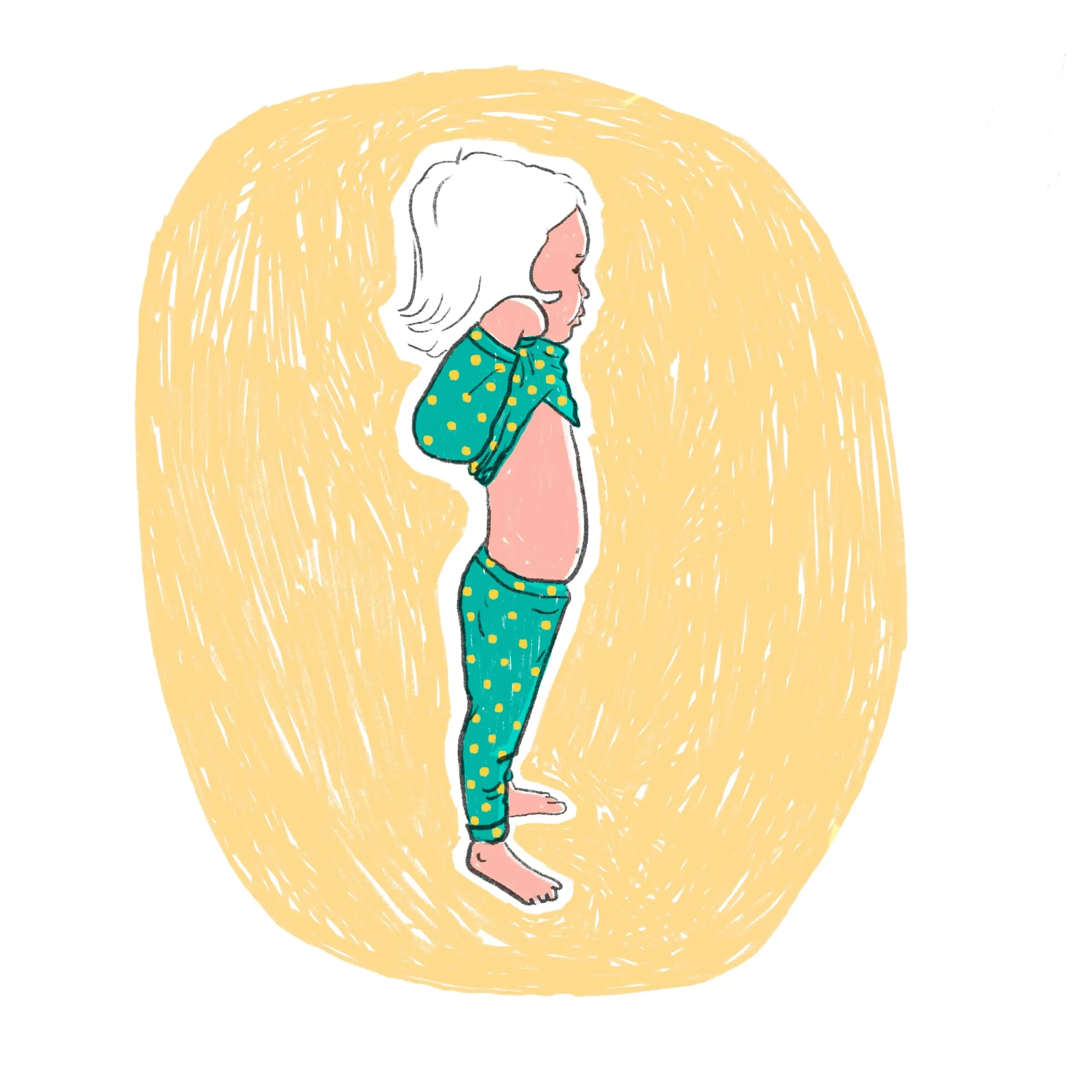 Child in profile pulling a green polka-dot pyjama top up over the arms and head