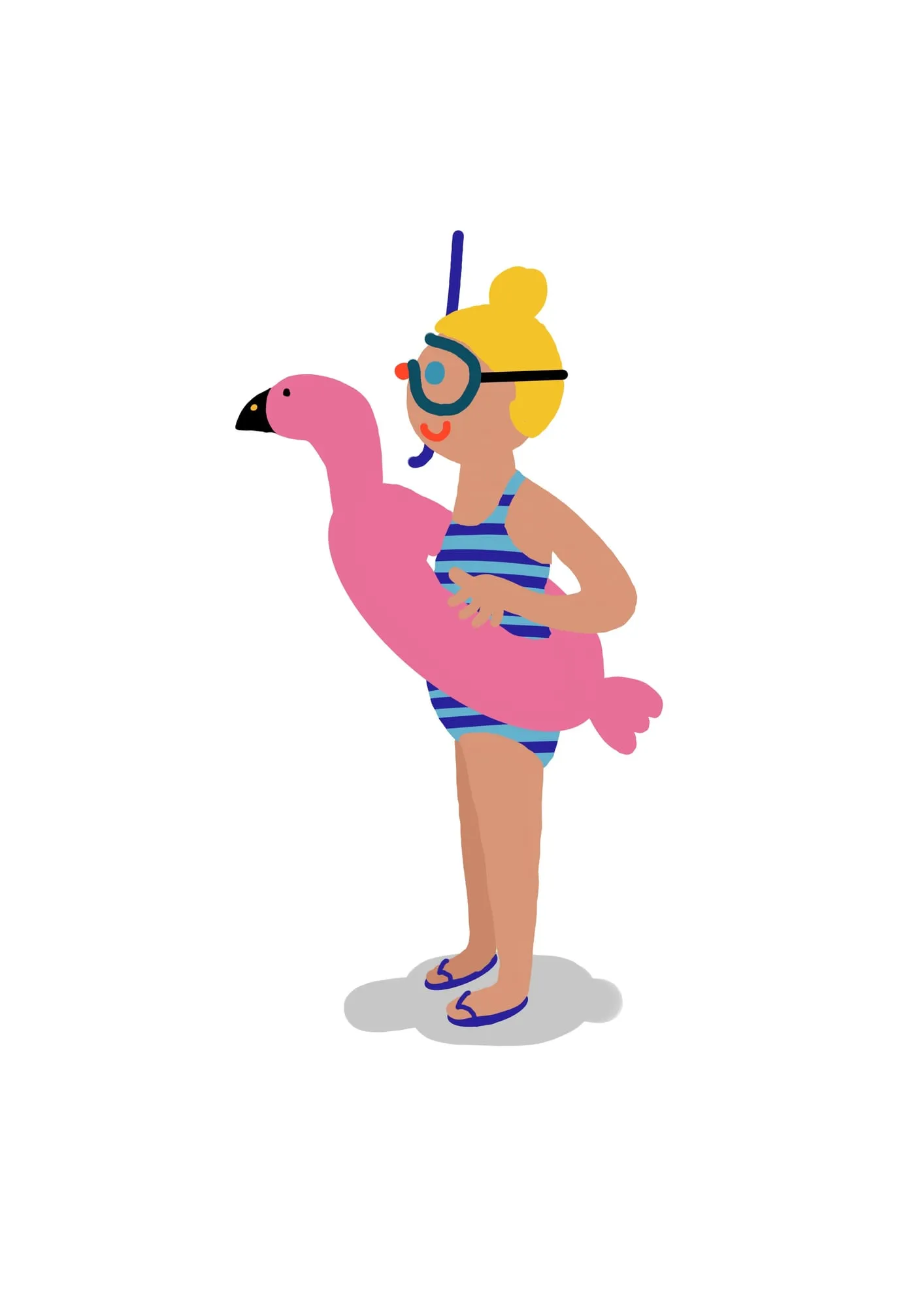 Girl in a striped swimsuit and snorkel mask standing inside a pink flamingo ring, wearing flip-flops